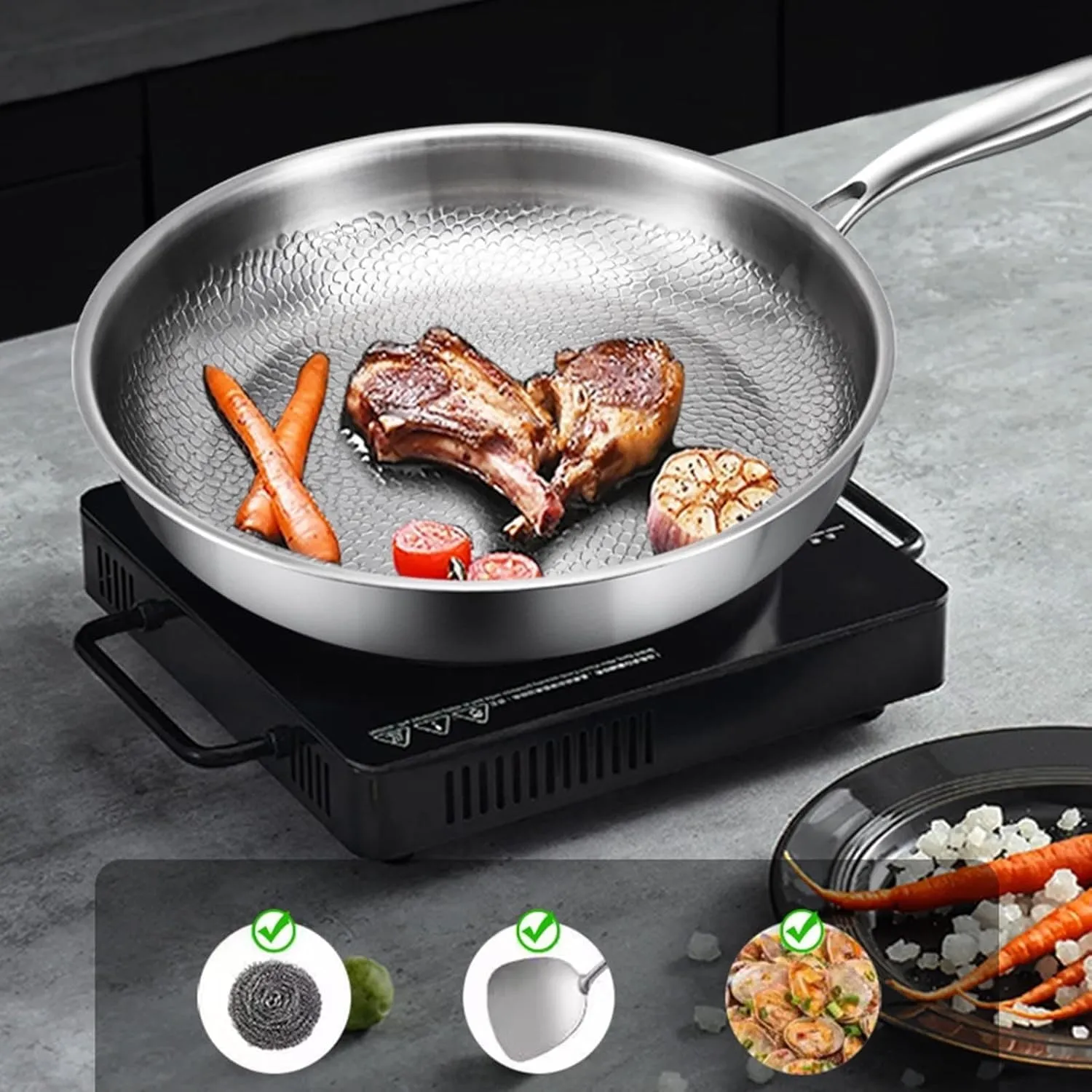 Siraat Pure Titanium Pan, 100% Titanium Pans for Cooking Non Stick, Stainless Steel Hammered Pan Pro with Lid (10.23in, No Lid)