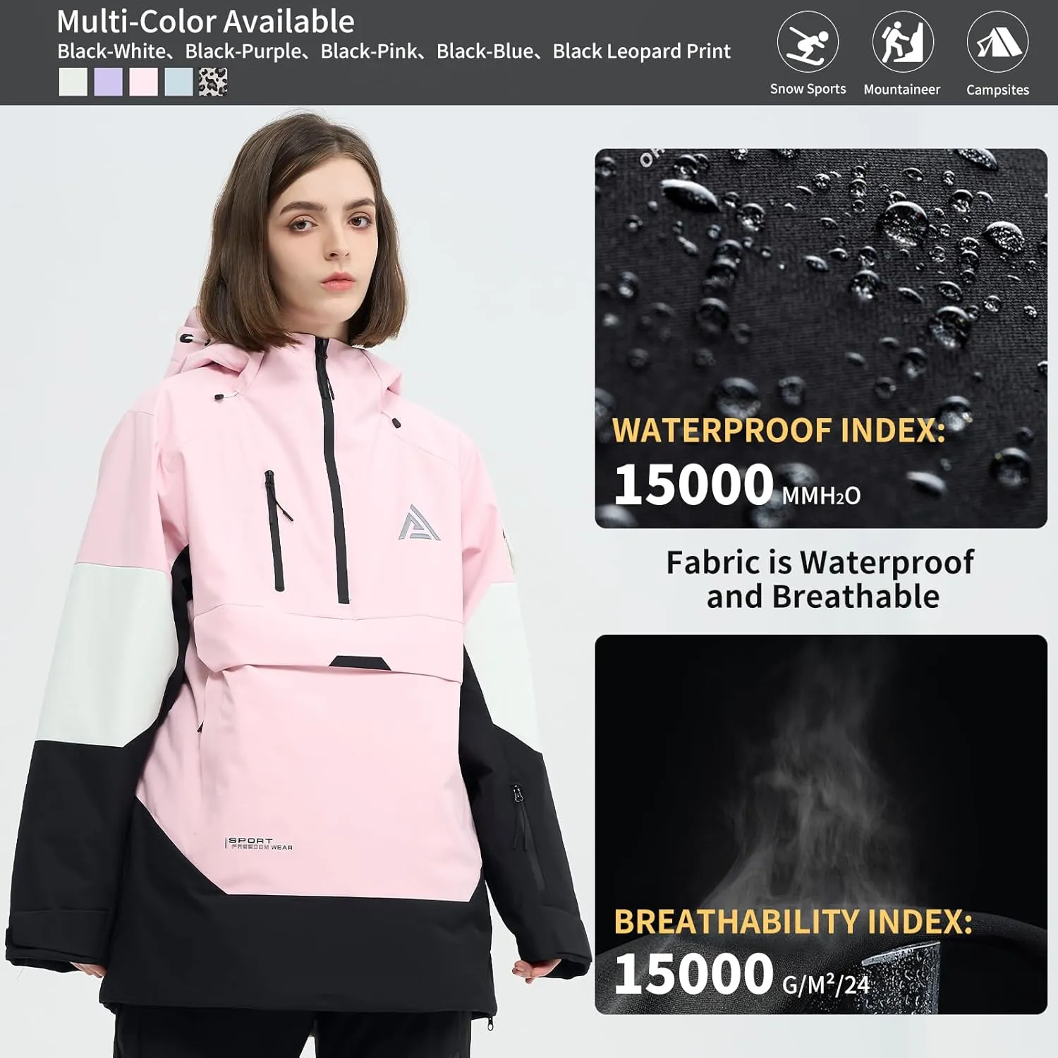 Ski Jacket Snowboard Anorak Coat Pullover Baggy Snow Hooded Insulated Hoodie Waterproof Warm for Women Men