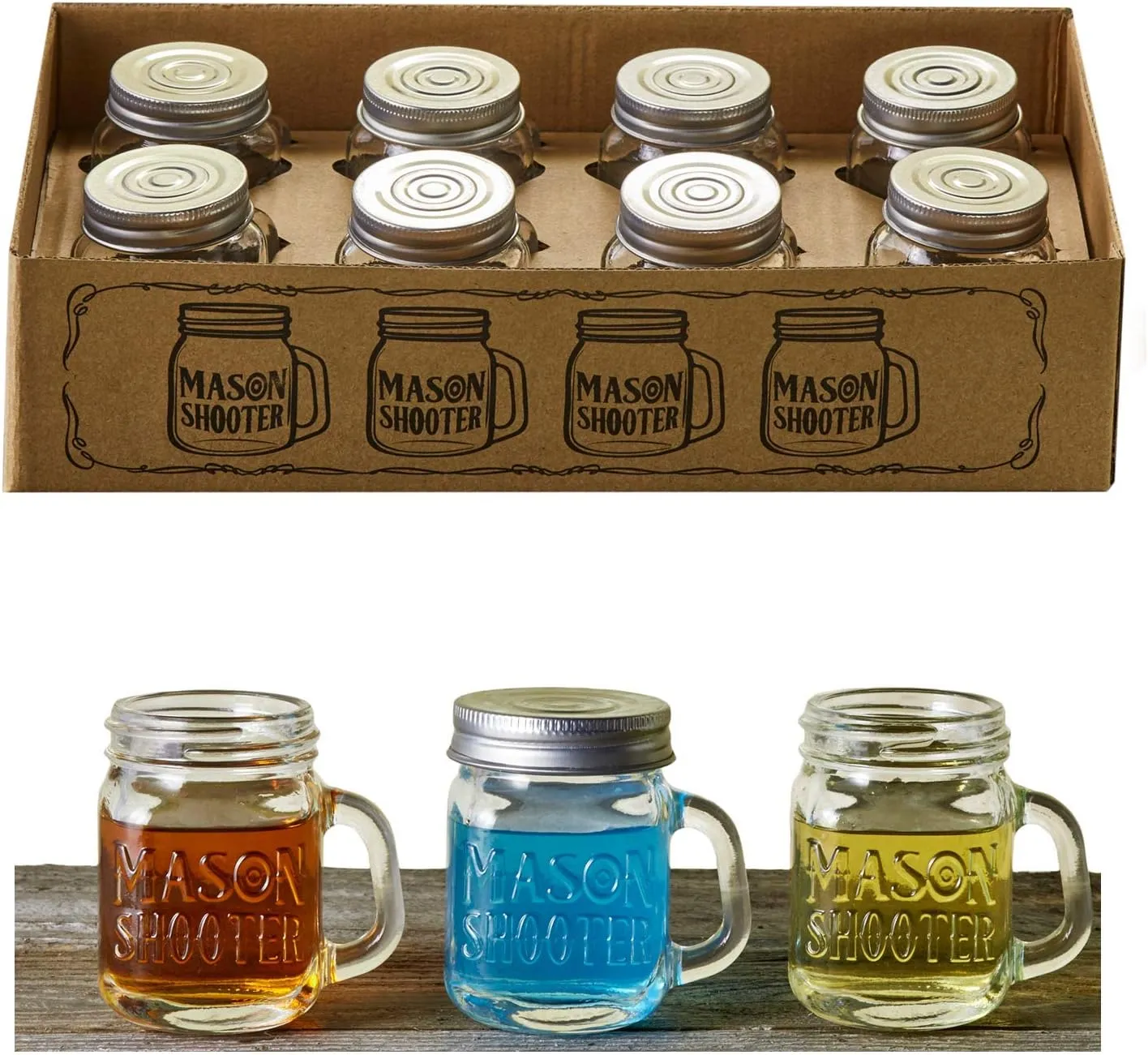 Small Mason Jar Shot Glasses with Lids (8pc Set) 2oz Tiny Glass Jars with Handles for Fathers Day Gift, Adult Party Favors, Alcohol, Unique Funny Shot Glass, Moonshine Shooter, Cute Mini Beer Mug