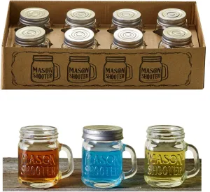 Small Mason Jar Shot Glasses with Lids (8pc Set) 2oz Tiny Glass Jars with Handles for Fathers Day Gift, Adult Party Favors, Alcohol, Unique Funny Shot Glass, Moonshine Shooter, Cute Mini Beer Mug