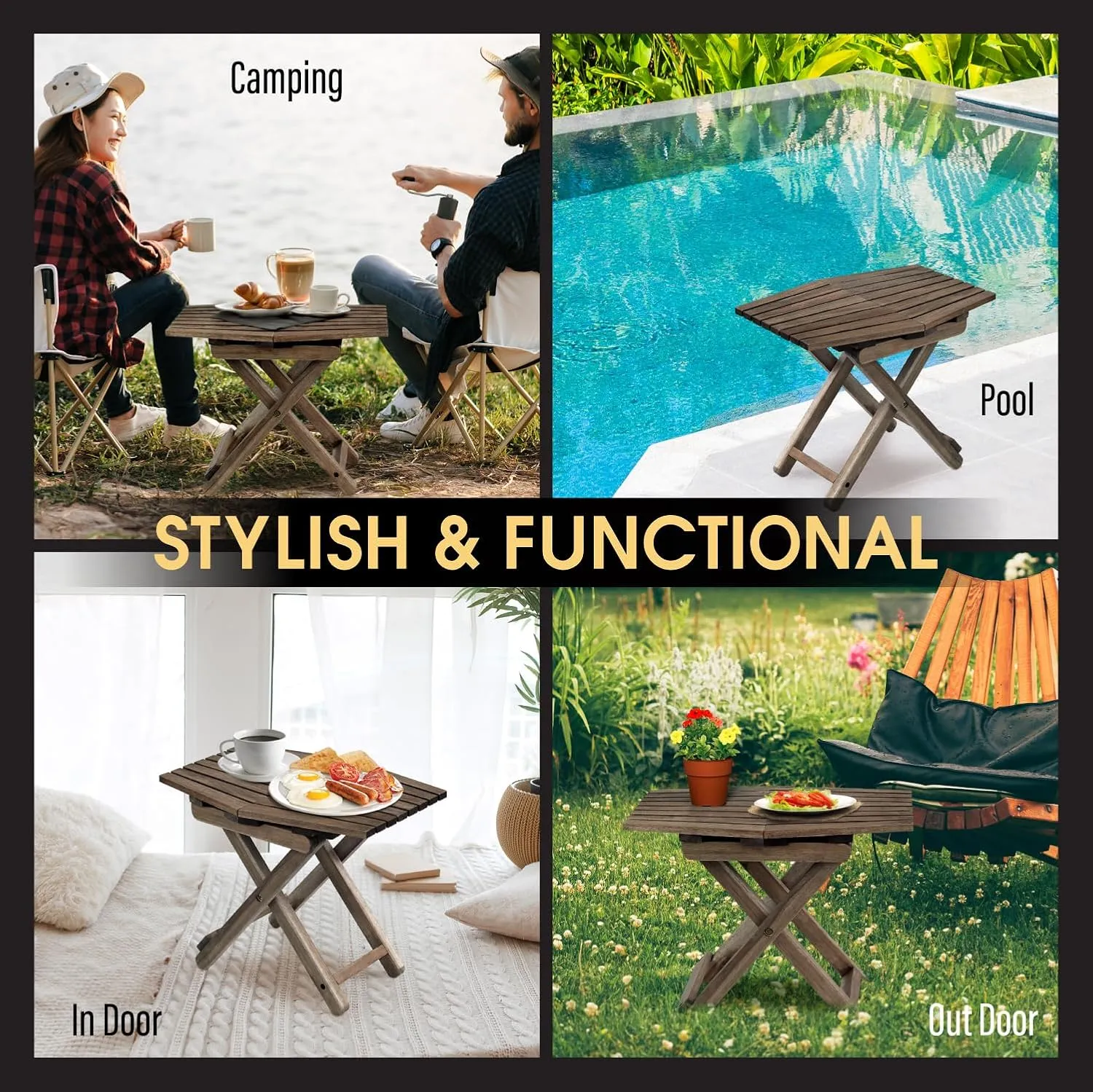 Small Patio Table, Outdoor Folding Side Table, Small Side Table, Accent Table, Small Coffee End Table, Wood Table Top for Living Room, Bedroom, Toilet, Small Space (Walnut - Set of 1, 18"x13")