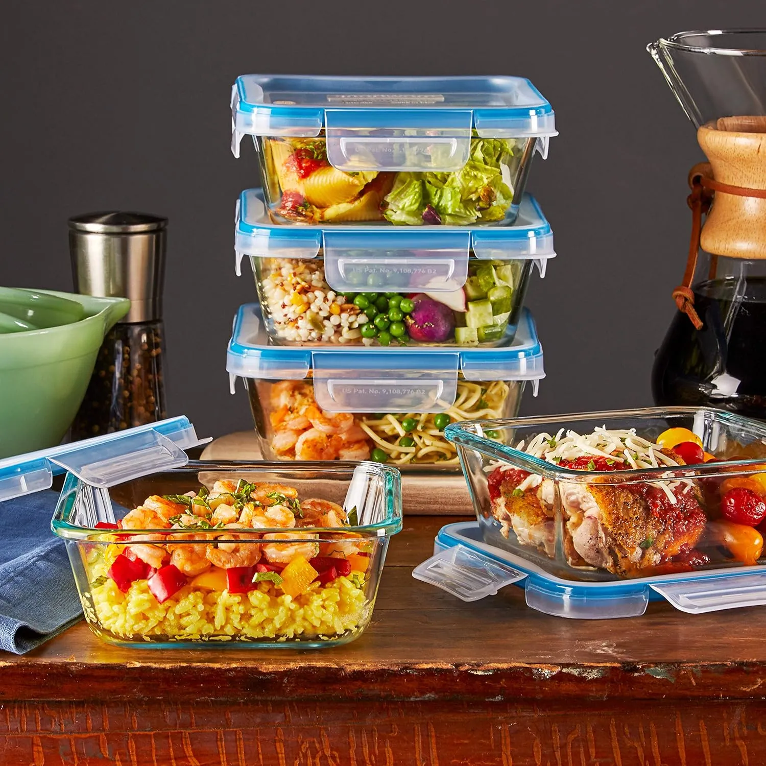 Snapware Total Solutions (5-Pack, 4 Cup) Glass Food Storage Containers Set, Airtight & Leakproof Locking BPA-Free Lids, Freezer Dishwasher Microwave Safe