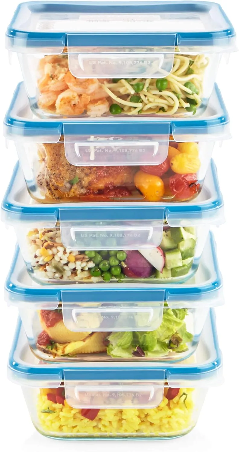 Snapware Total Solutions (5-Pack, 4 Cup) Glass Food Storage Containers Set, Airtight & Leakproof Locking BPA-Free Lids, Freezer Dishwasher Microwave Safe