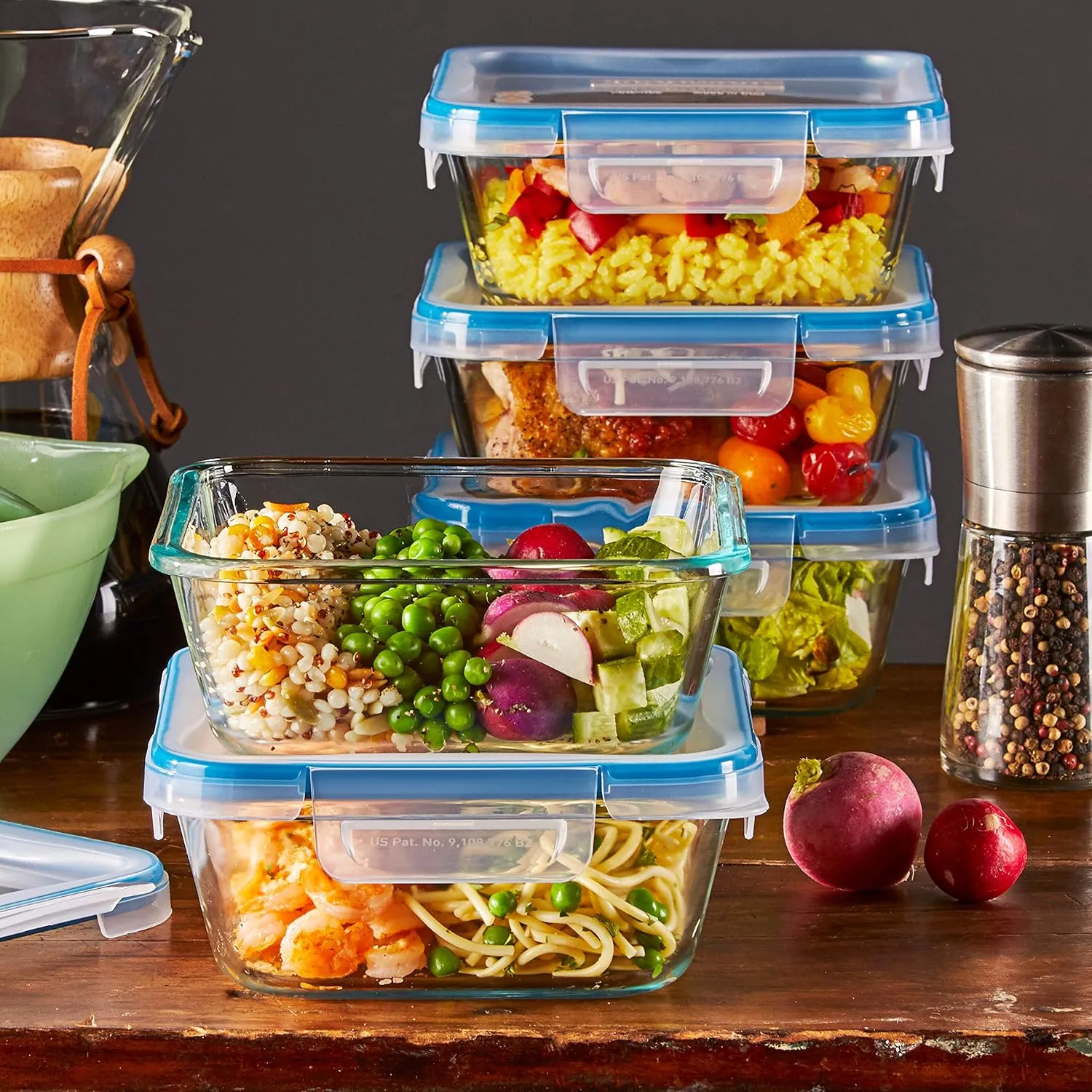 Snapware Total Solutions (5-Pack, 4 Cup) Glass Food Storage Containers Set, Airtight & Leakproof Locking BPA-Free Lids, Freezer Dishwasher Microwave Safe