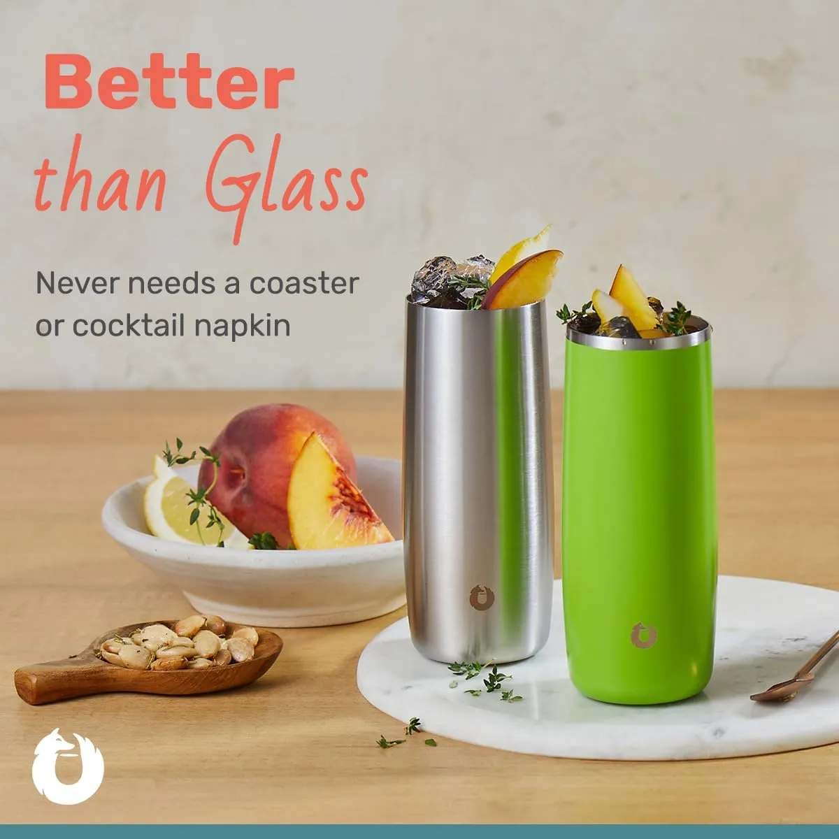 SNOWFOX Premium Vacuum Insulated Stainless Steel Cocktail Glass / Drink Tumbler, Set of 2, Drinks Stay Icy Cold, Thermal Highball Glasses, Elegant Home Entertaining, Classic Barware, 14.5 oz