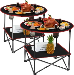 Soaoo 2 Pcs Folding Camping Table with 4 Mesh Cupholders 2 Tier Portable Folding Table Round Lightweight Fabric Compact Carrying Case Beach Table for Summer Outdoor Tailgating Fishing Hiking