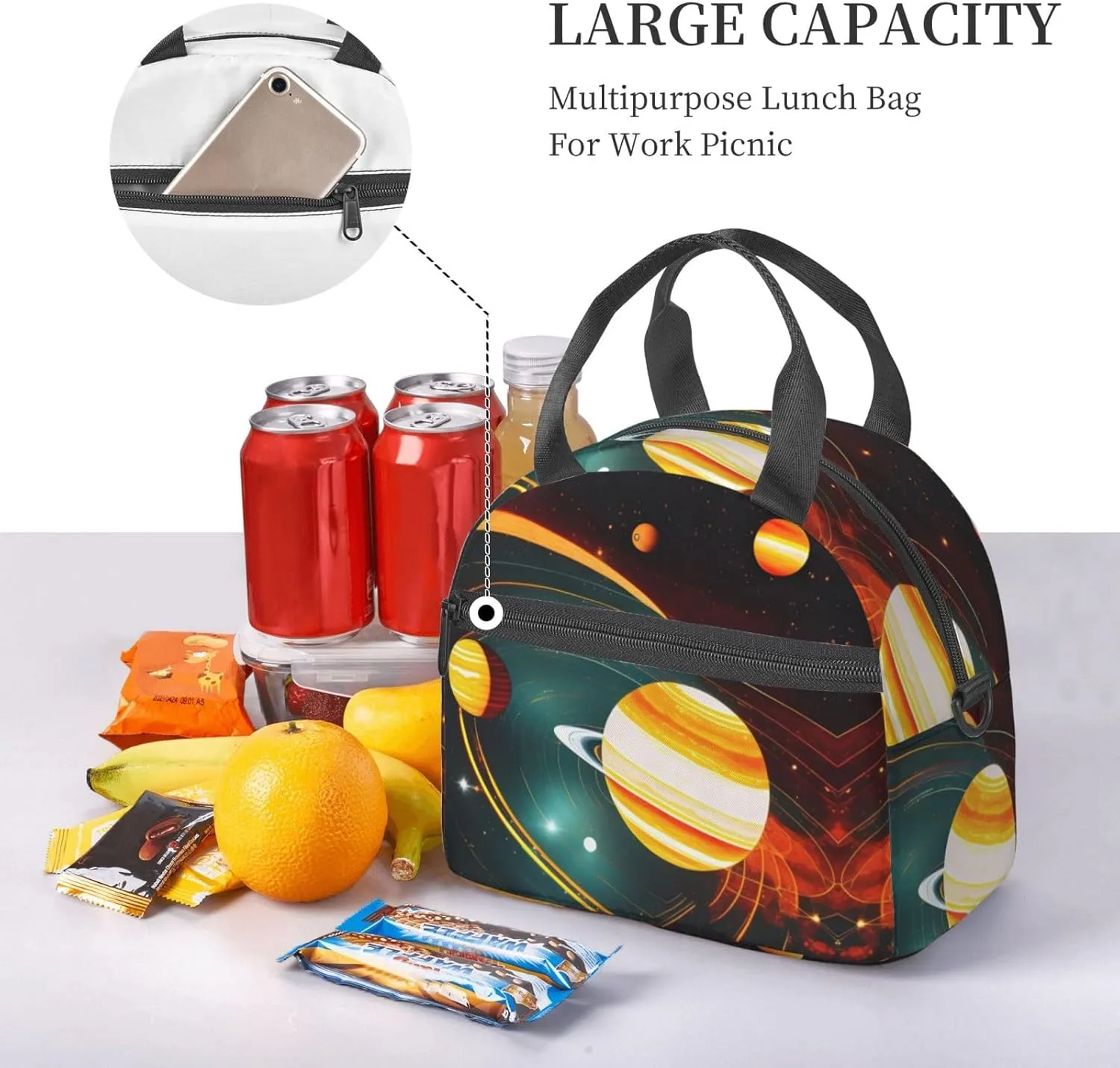 Solar System Jupiter Saturn Insulated Lunch Bag For Women/Men Adjustable Shoulder Strap,Leakproof,Tote Bag For Office Work