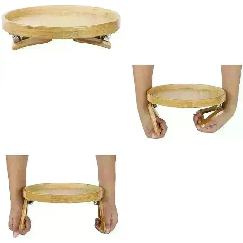 Solid Wood Round Storage Bamboo With Legs Sofa Arm Foldable Tray Table