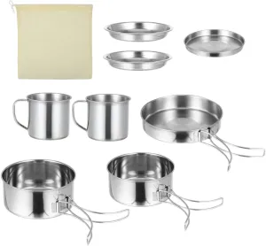 Sosoport -one Cooking Pot Set for Hiking Camping BBQ 8-Piece Stainless Steel Compact Easy to Store