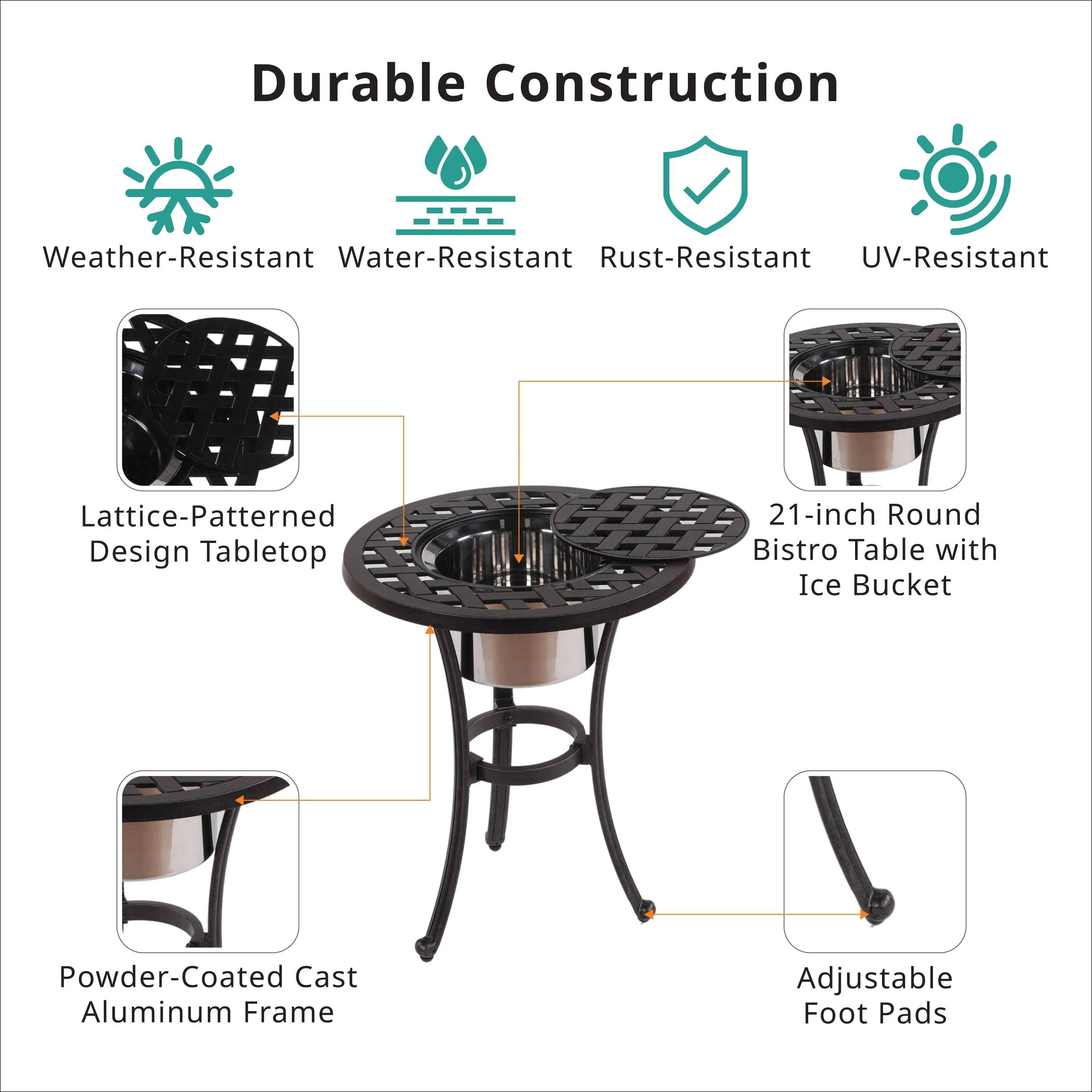 Sparta Outdoor 21-inch Round Bistro Table with Ice Bucket: All-Weather, Rust-Resistant and Durable Bistro Table for Patio, Garden, and Terrace