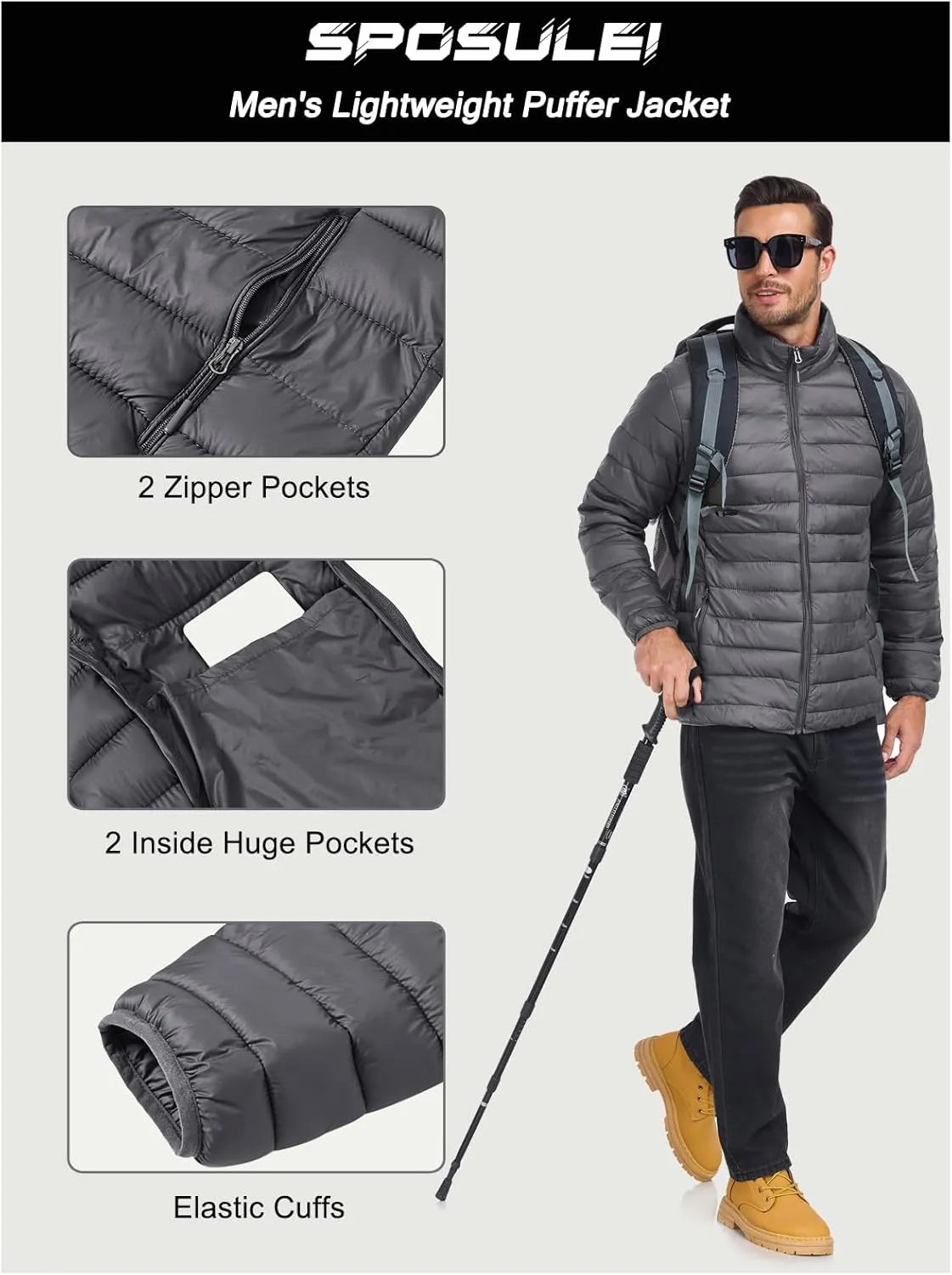 SPOSULEI Men Puffer Down Jacket Packable Lightweight Winter Jackets Coats Outdoor Waterproof Insulated Jackets