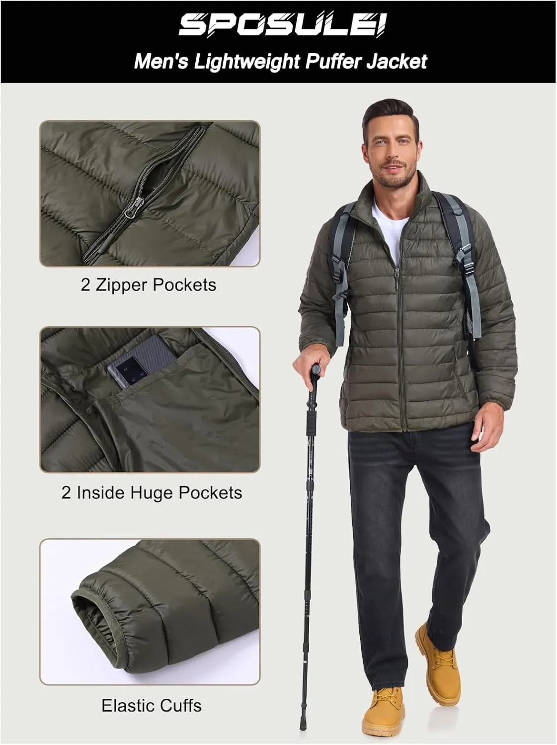 SPOSULEI Men Puffer Down Jacket Packable Lightweight Winter Jackets Coats Outdoor Waterproof Insulated Jackets