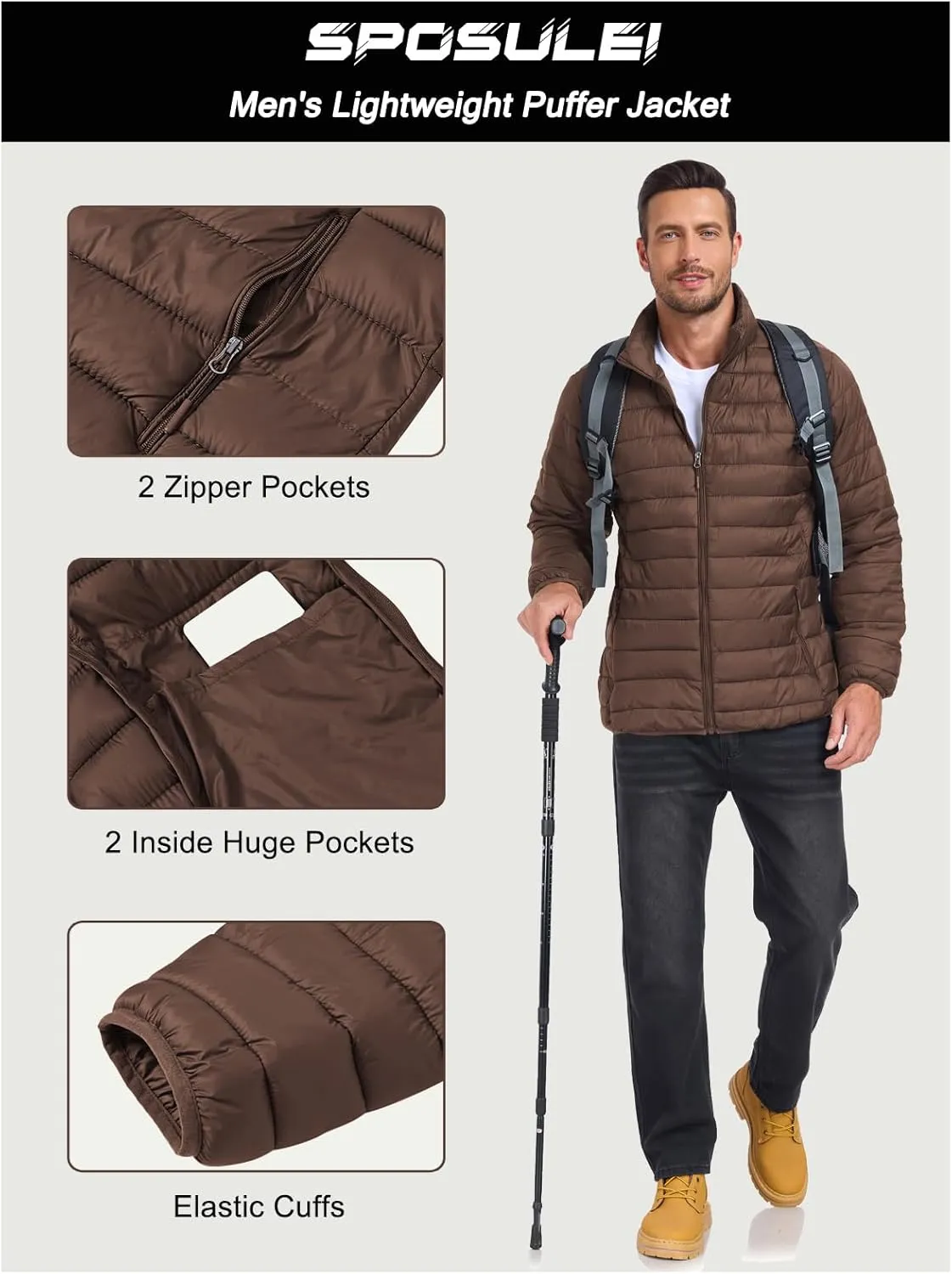 SPOSULEI Men Puffer Down Jacket Packable Lightweight Winter Jackets Coats Outdoor Waterproof Insulated Jackets
