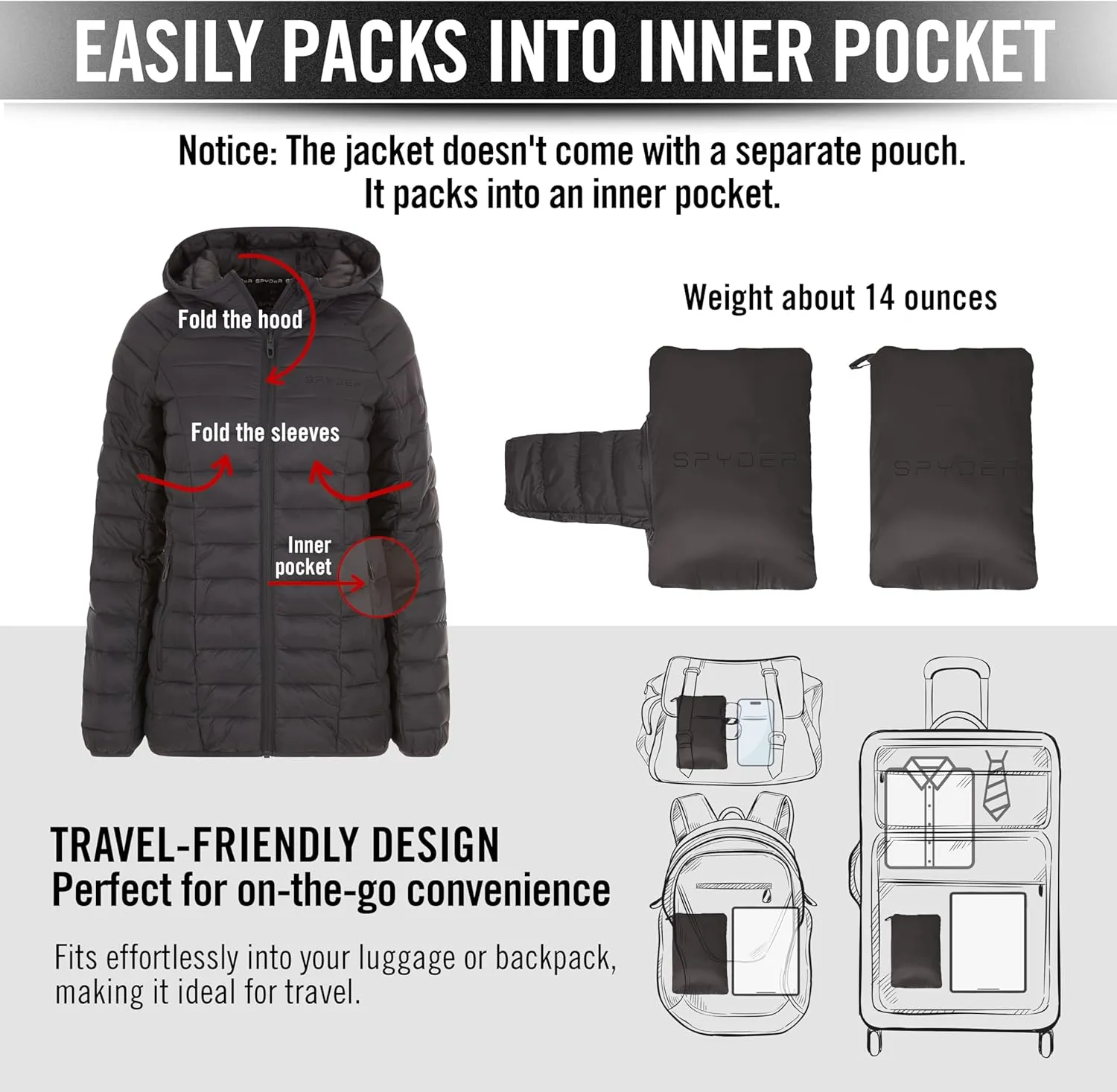 Spyder Packable Puffer Jacket Womens with Hood, Lightweight Full Zip Winter Quilted Womens Puffer Coat