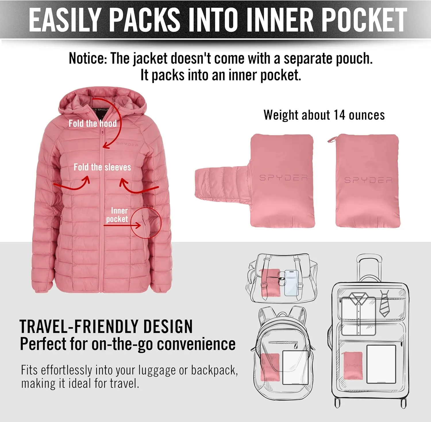 Spyder Packable Puffer Jacket Womens with Hood, Lightweight Full Zip Winter Quilted Womens Puffer Coat