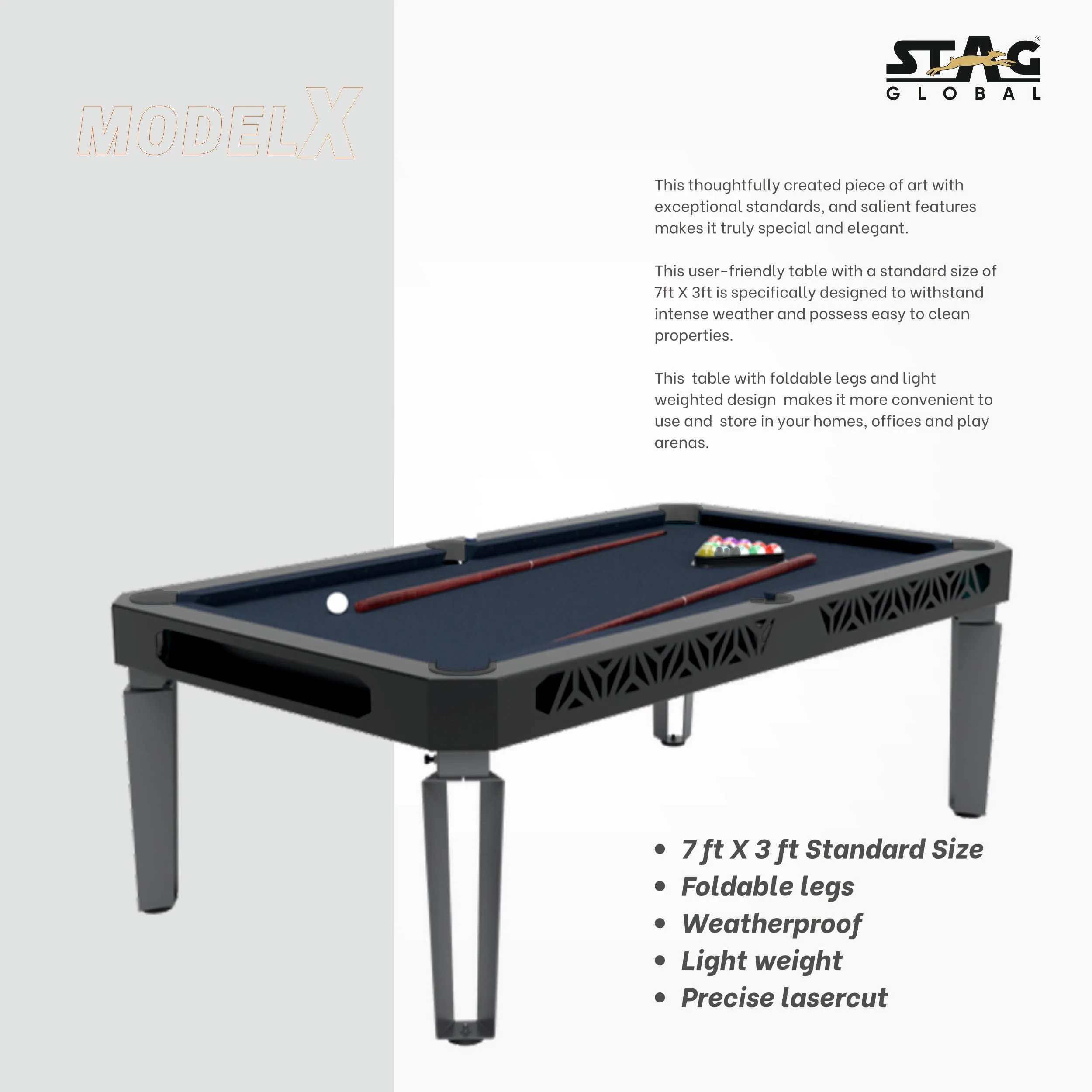 Stag Global Outdoor Pool Table Model X  || 7 feet x 3 feet || Wooden Table || All Accessories Included || Model X