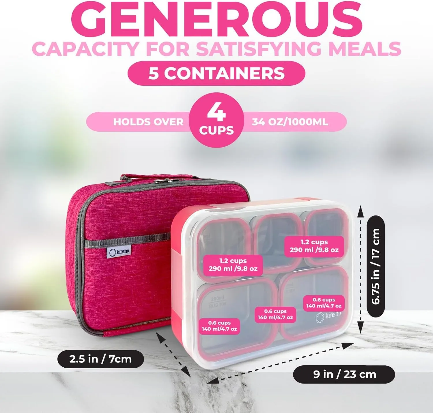 Stainless Steel Bento Lunch Box Set for Adults, Kids - Insulated Bag and Ice Pack - Leak-Proof Metal Compartment Meal Prep Food & Snack Containers for Work Travel School Daycare, 34 oz Pink