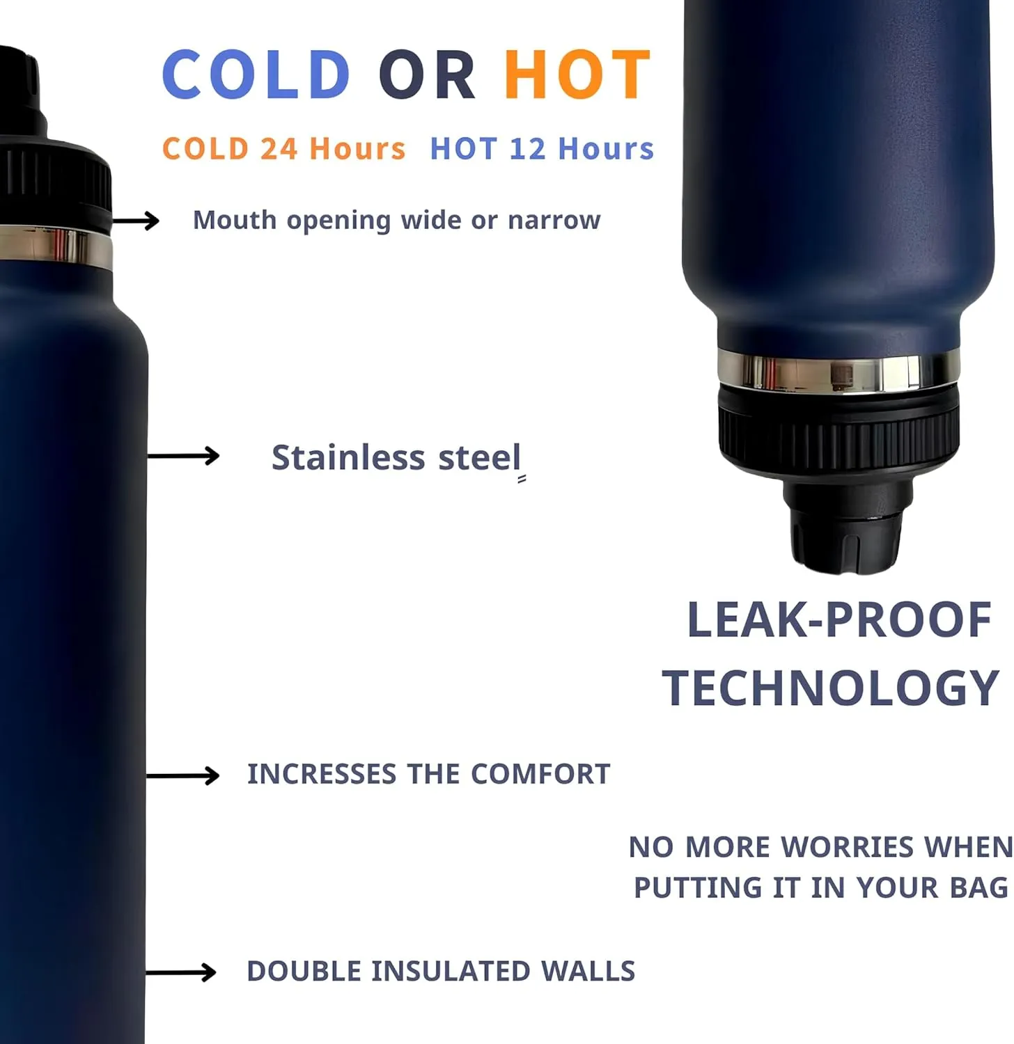 Stainless Steel Water Bottle | Leakproof, Durable & BPA-Free | Double-Wall Insulation for Hot & Cold Drinks | Wide Mouth, Perfect for Travel & Workouts