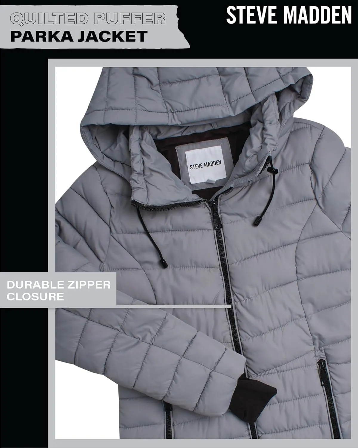 Steve Madden Women's Quilted Puffer Parka Jacket - Long Hooded Winter Outerwear - Packable Winter Coat for Women (Sizes:S-XL)