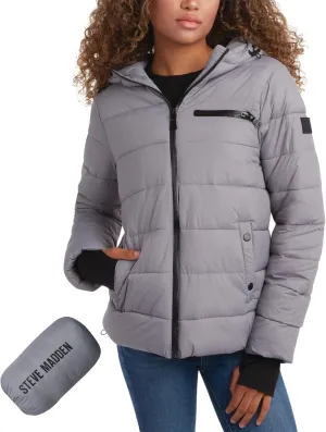 Steven Madden Women Winter Jacket - Packable Quilted Puffer Parka Coat - Hooded Outerwear Windbreaker Jacket for Women, S-XL