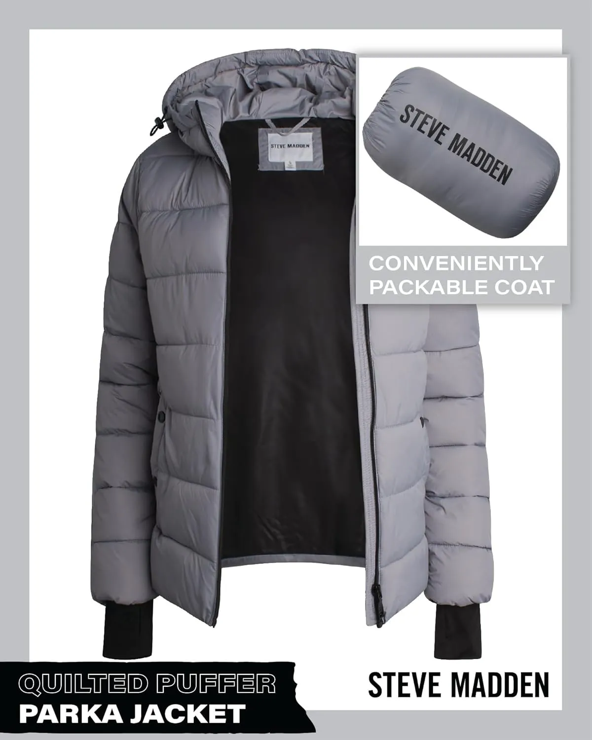 Steven Madden Women Winter Jacket - Packable Quilted Puffer Parka Coat - Hooded Outerwear Windbreaker Jacket for Women, S-XL