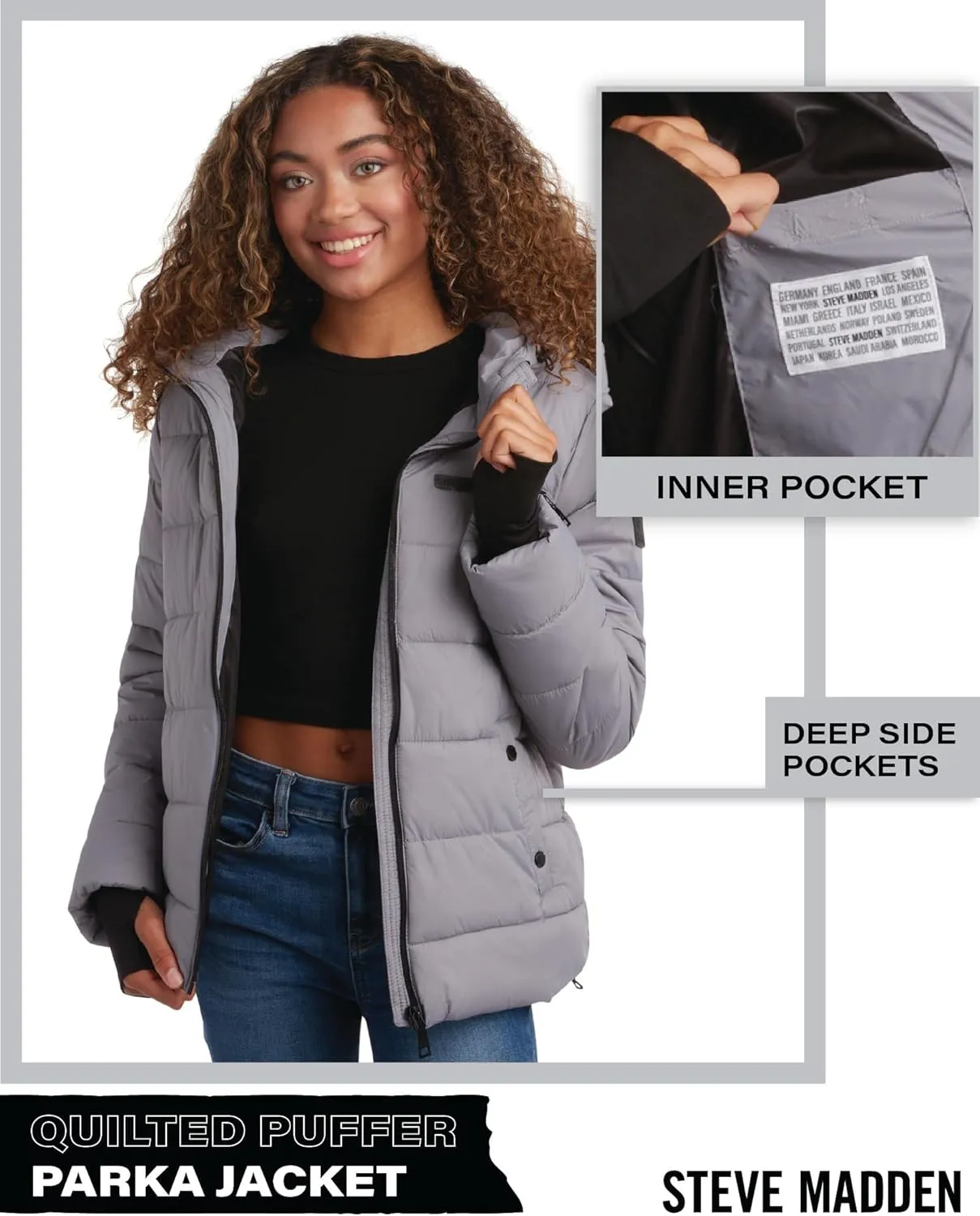 Steven Madden Women Winter Jacket - Packable Quilted Puffer Parka Coat - Hooded Outerwear Windbreaker Jacket for Women, S-XL