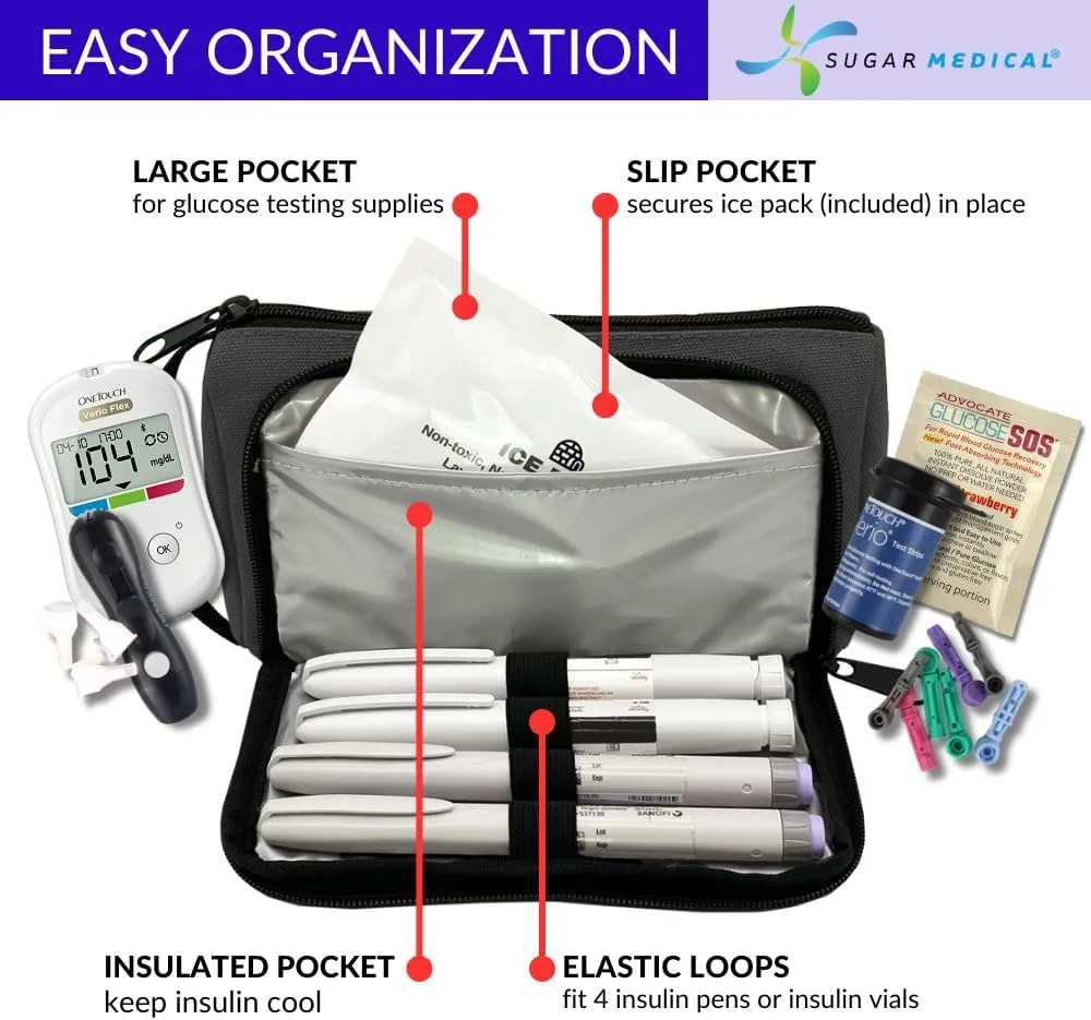 Sugar Medical Insulated Diabetes Insulin Pen Case Organizer – Diabetic Travel Bag for Insulin Pens, Glucose Meter & Supplies with Ice Pack (Black)