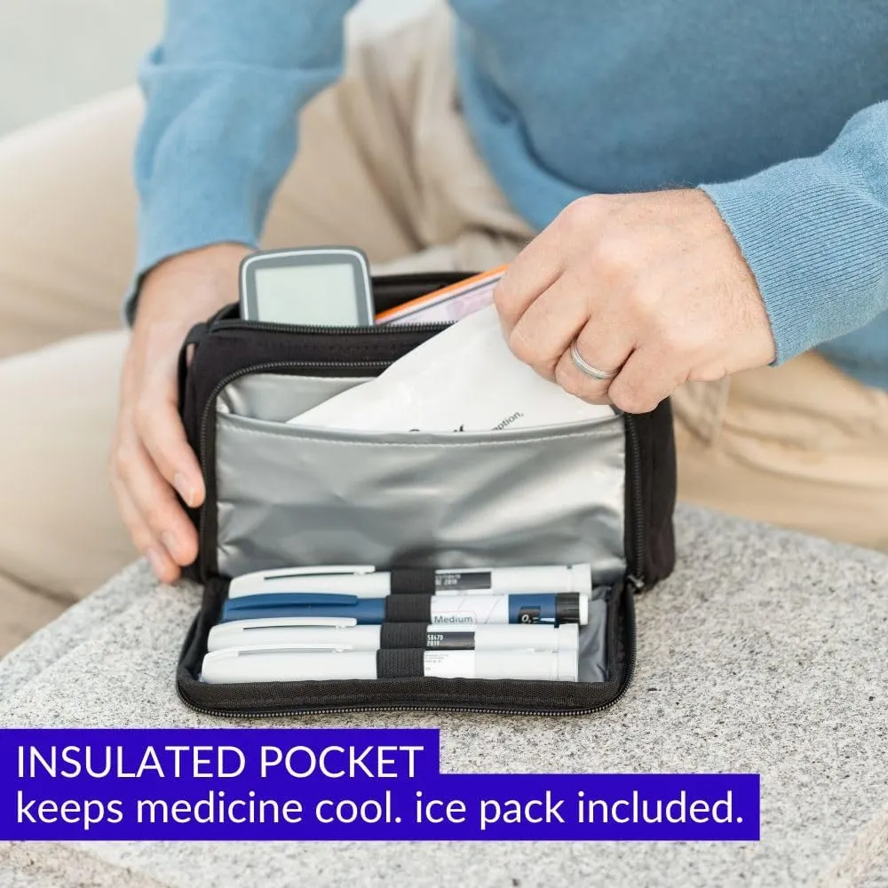 Sugar Medical Insulated Diabetes Insulin Pen Case Organizer – Diabetic Travel Bag for Insulin Pens, Glucose Meter & Supplies with Ice Pack (Black)