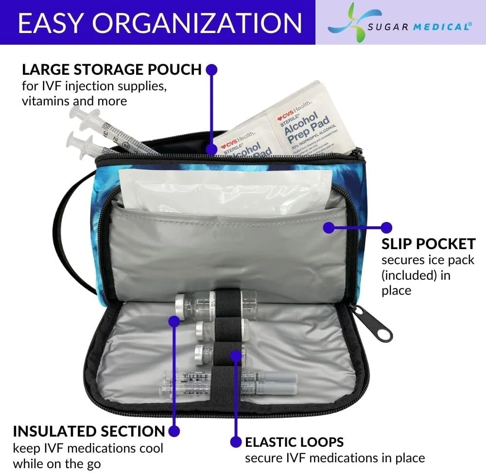 Sugar Medical IVF Supply Bag | IVF Gift | Store IVF Medications | Insulated Infertility Organizer | With Ice Pack (Blue Waves)