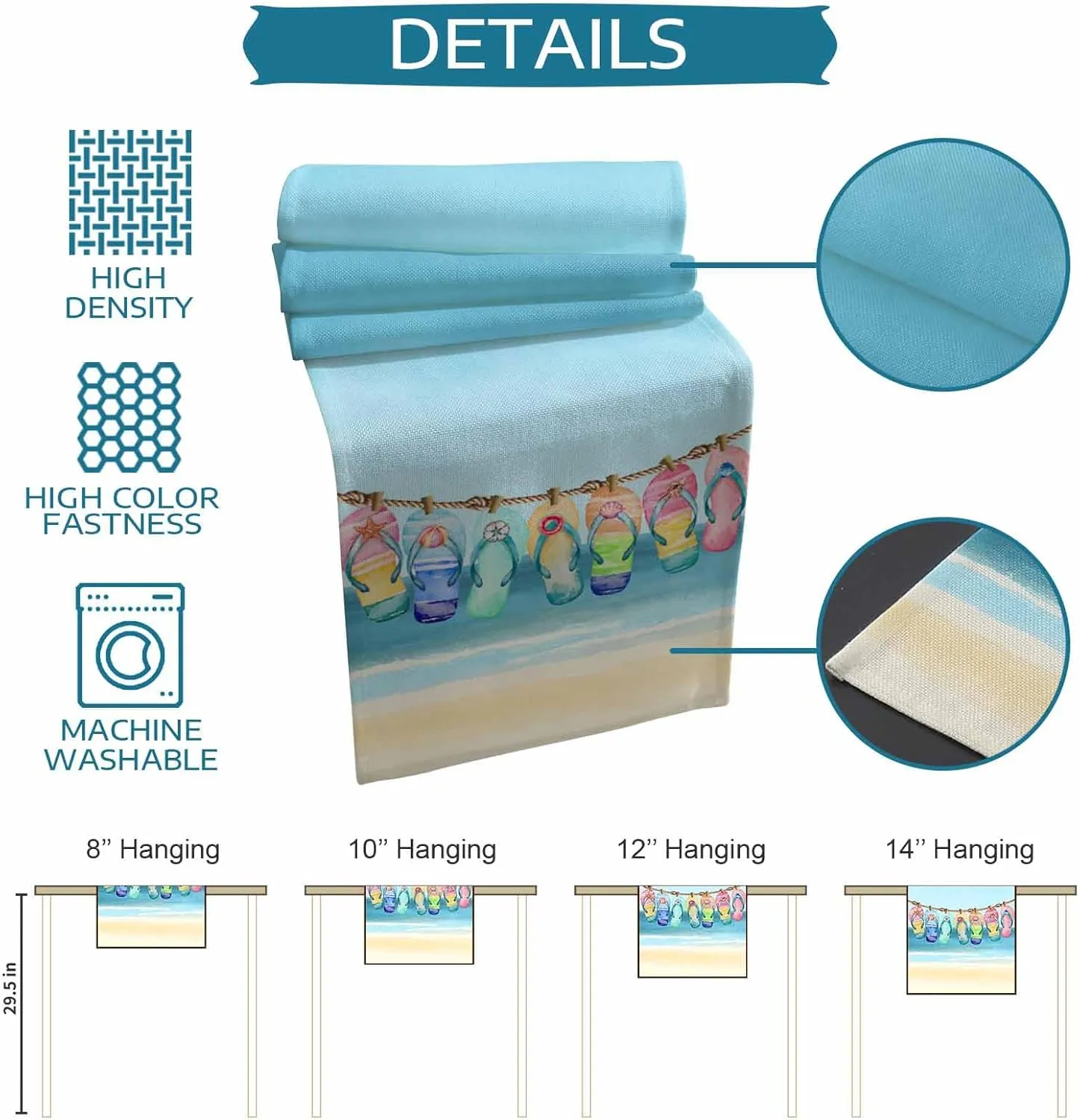 Summer Table Runners 48 Inches Long Beach Sky Slippers Table Runner for Family Dinner/Wedding/Outdoor Indoor Party, Cotton-Polyester Blend Dresser Scarf Table Decorations