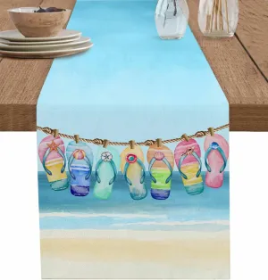 Summer Table Runners 48 Inches Long Beach Sky Slippers Table Runner for Family Dinner/Wedding/Outdoor Indoor Party, Cotton-Polyester Blend Dresser Scarf Table Decorations