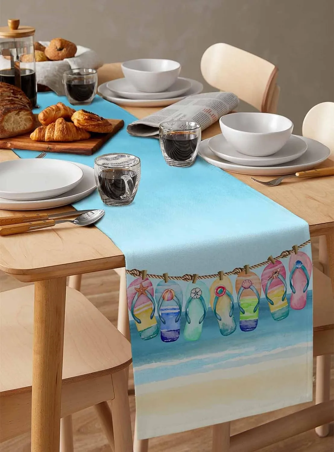 Summer Table Runners 48 Inches Long Beach Sky Slippers Table Runner for Family Dinner/Wedding/Outdoor Indoor Party, Cotton-Polyester Blend Dresser Scarf Table Decorations