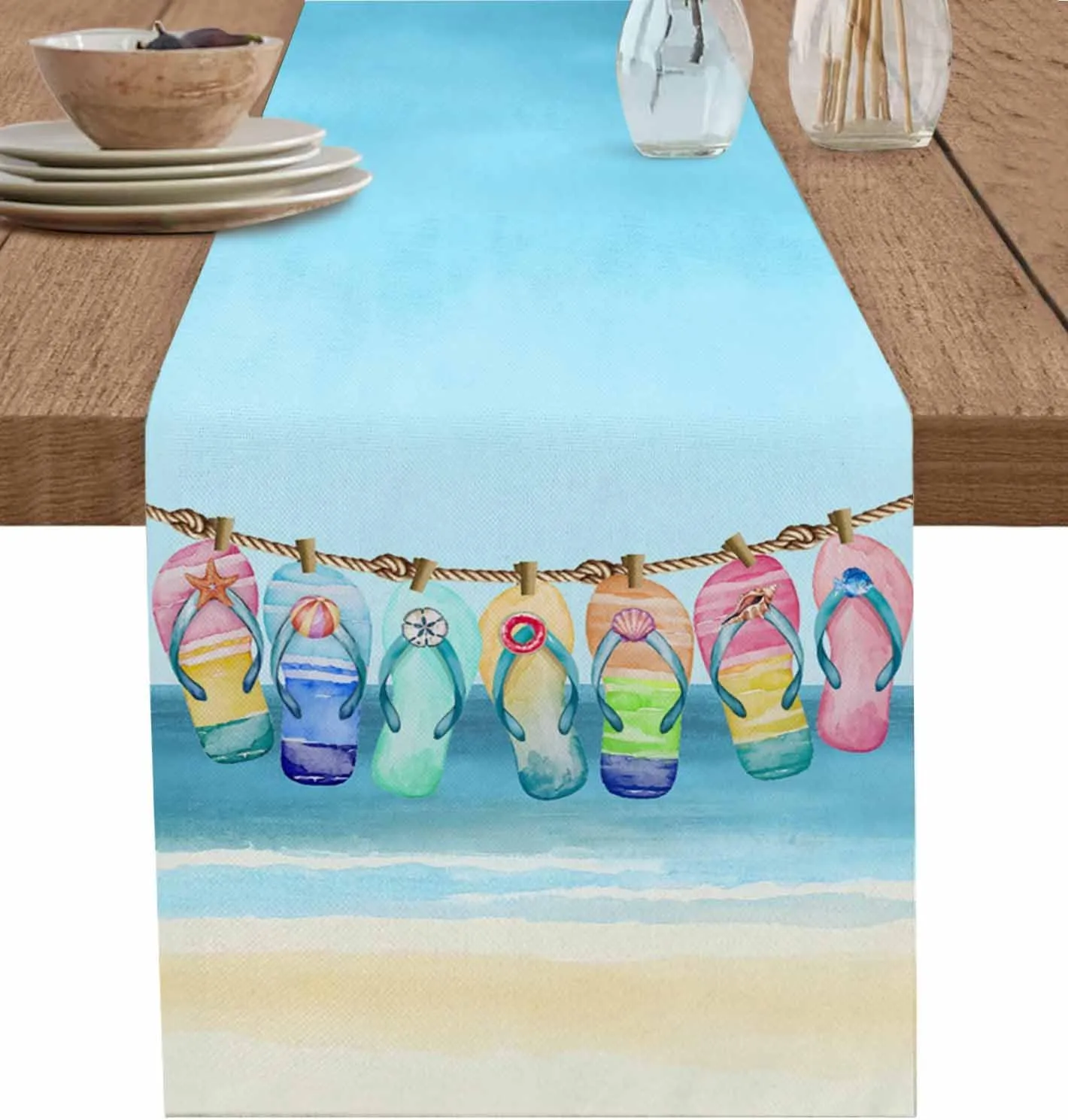 Summer Table Runners 48 Inches Long Beach Sky Slippers Table Runner for Family Dinner/Wedding/Outdoor Indoor Party, Cotton-Polyester Blend Dresser Scarf Table Decorations
