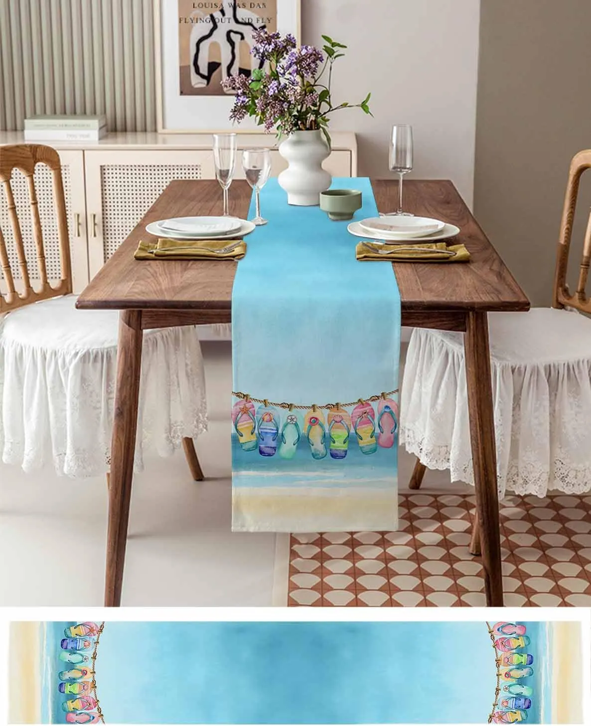 Summer Table Runners 48 Inches Long Beach Sky Slippers Table Runner for Family Dinner/Wedding/Outdoor Indoor Party, Cotton-Polyester Blend Dresser Scarf Table Decorations