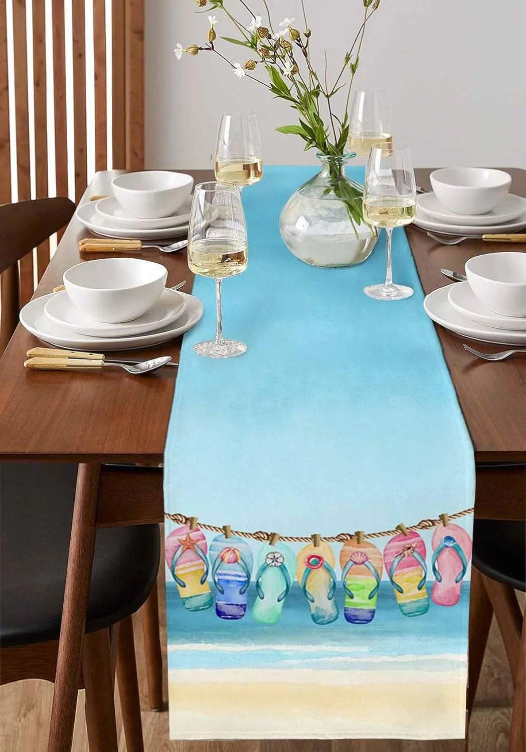 Summer Table Runners 48 Inches Long Beach Sky Slippers Table Runner for Family Dinner/Wedding/Outdoor Indoor Party, Cotton-Polyester Blend Dresser Scarf Table Decorations