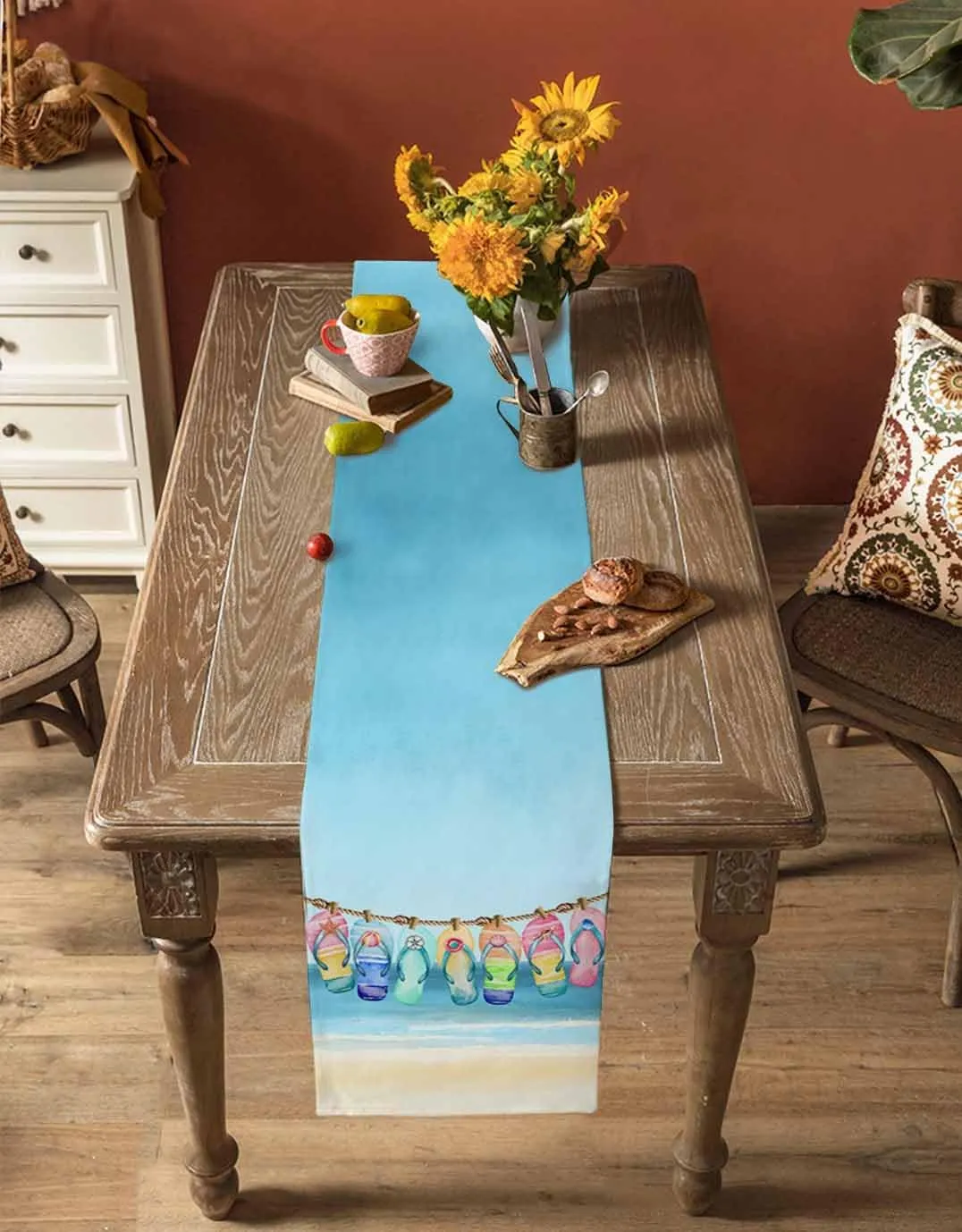 Summer Table Runners 48 Inches Long Beach Sky Slippers Table Runner for Family Dinner/Wedding/Outdoor Indoor Party, Cotton-Polyester Blend Dresser Scarf Table Decorations