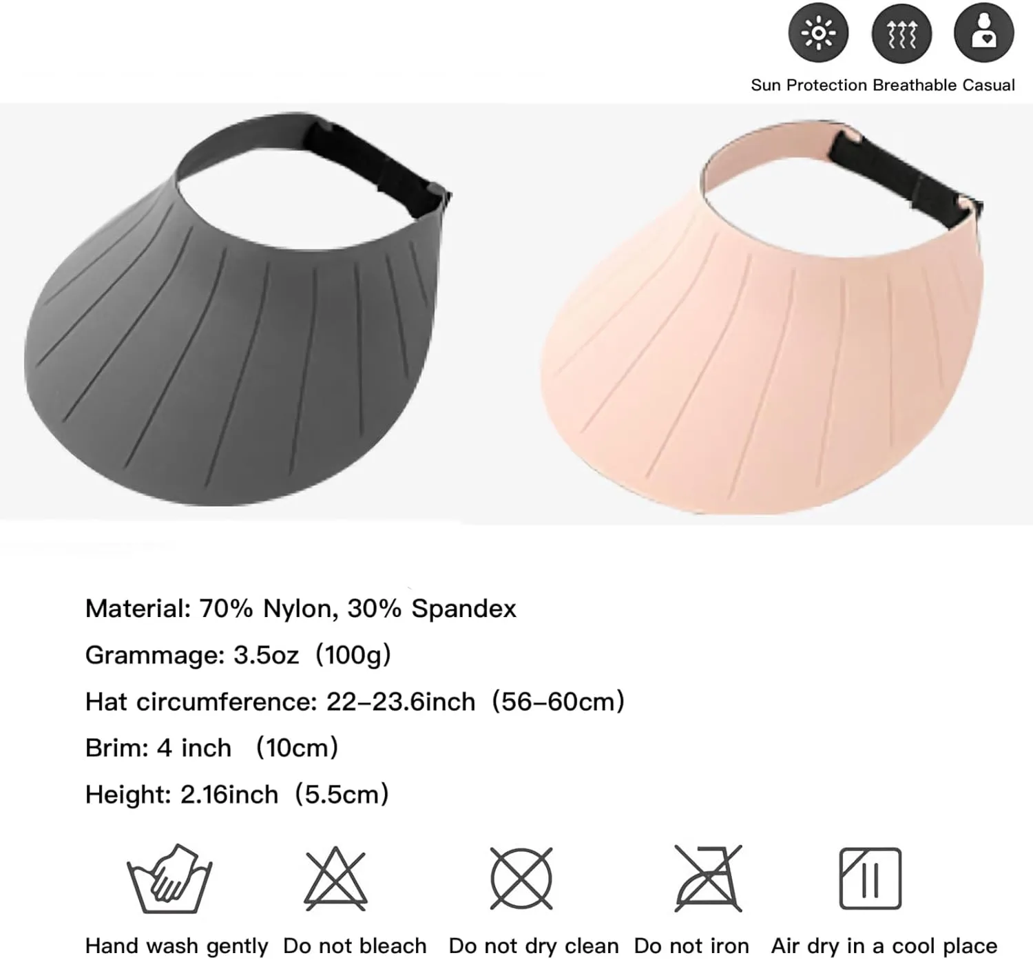 Sun Visor Hat for Women & Men 4" Wide Brim Golf Beach Simplicity Foldable Roll-up Ponytail Hat with Hook & Loop Closure