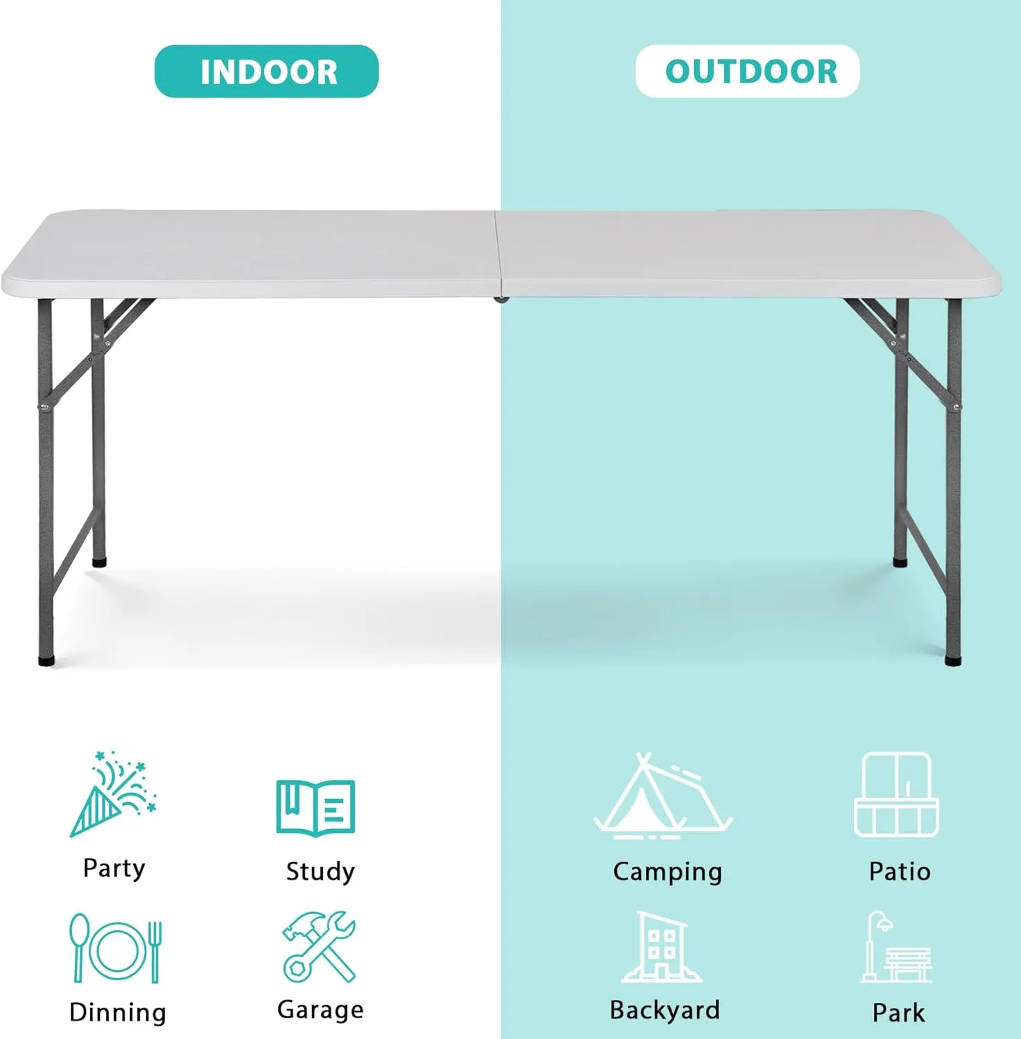 SUPER DEAL Upgraded 6FT Folding Picnic Table for Outdoor, Portable Fold-in-Half Plastic Dining Picnic Party Table with Carrying Handle