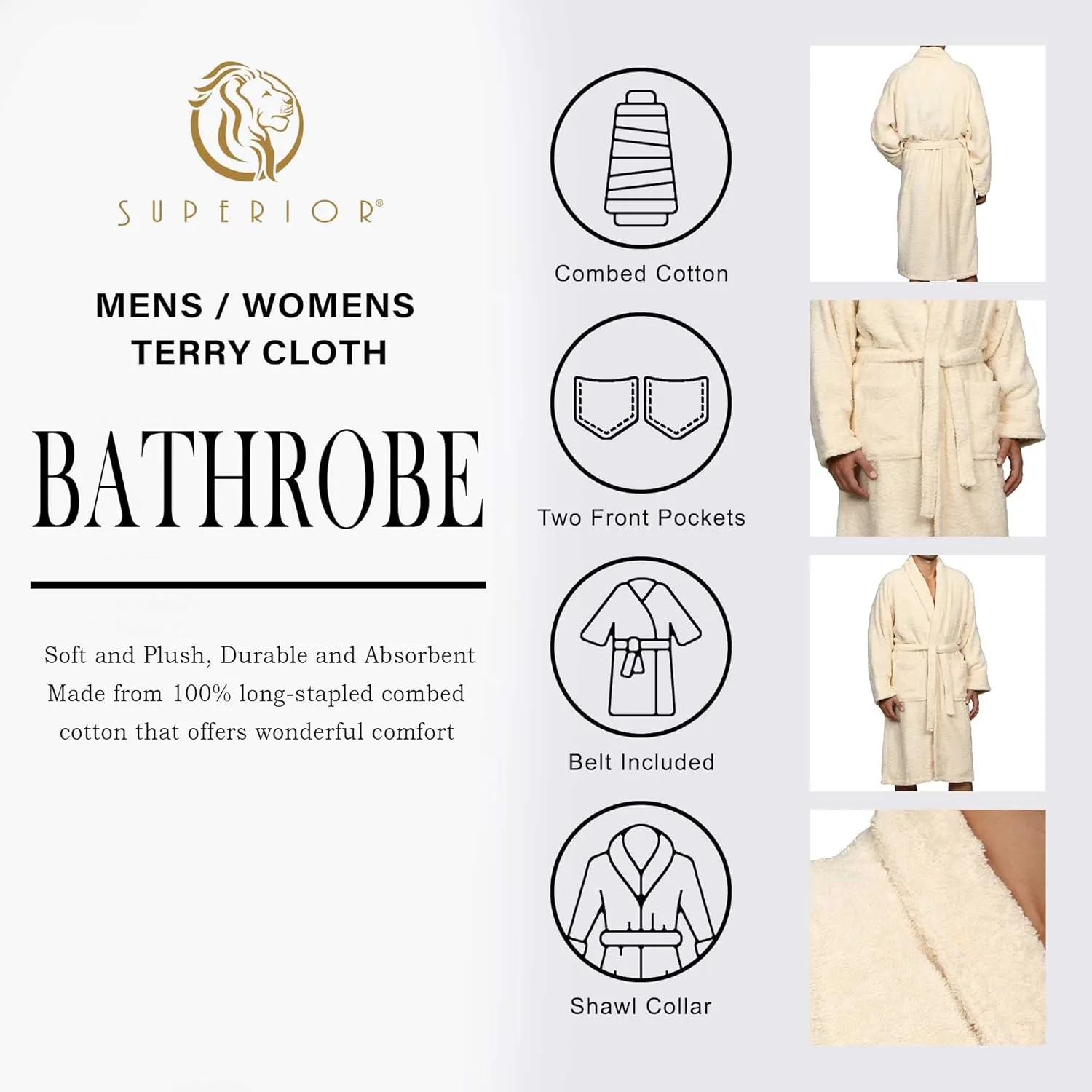 Superior Cotton Unisex Terry Robe, Soft And Absorbent Robes For Men And Women, Bathroom Accessories