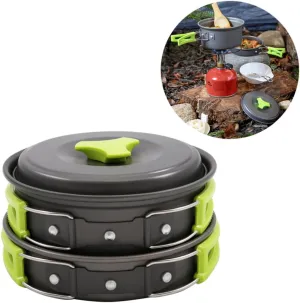 SUPVOX 10Pcs Outdoor Camping Cookware Set for Persons Lightweight Anodized Cooking Pots Pans Bowls with Green Handles for Hiking Picnics Backpacking