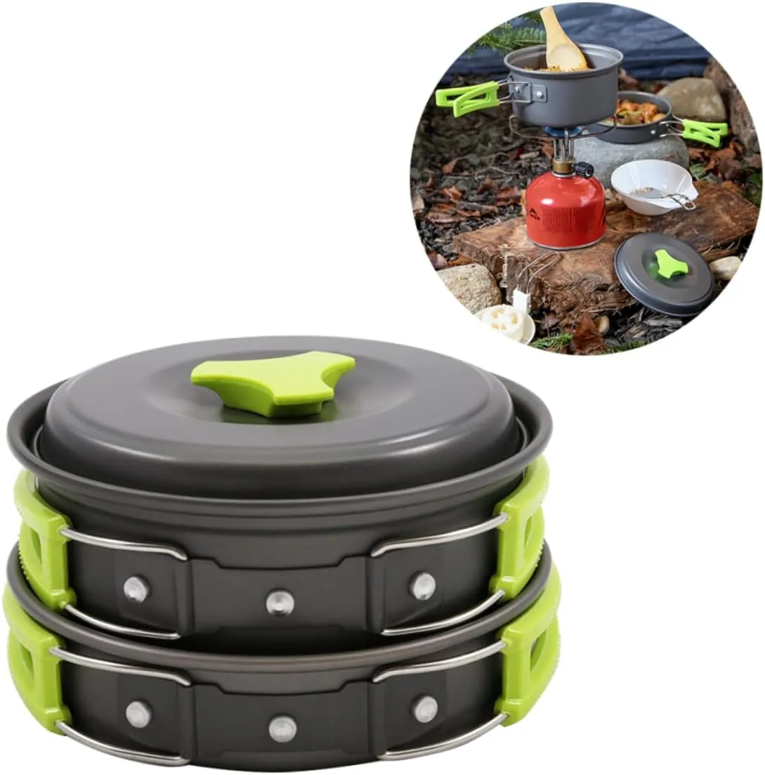 SUPVOX 10Pcs Outdoor Camping Cookware Set for Persons Lightweight Anodized Cooking Pots Pans Bowls with Green Handles for Hiking Picnics Backpacking