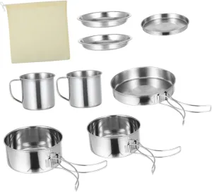SUPVOX 5-Piece Camping Cookware Set Hiking Pot Pan Bowl Utensil Kit Outdoor Cooking Equipment for 5-6 People Sturdy Stainless Steel Easy to Clean