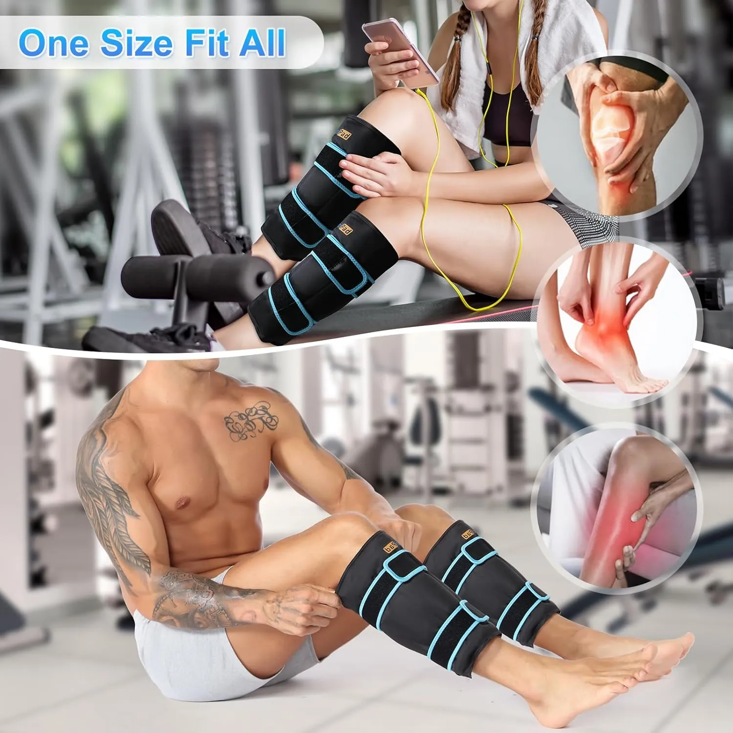 SuzziPad 360° Cold Pack for Calf, Shin, Arm & Elbow – Ice Wrap with Dual-Cover Design, Adjustable Velcro Straps, Leakproof & Reusable Cold Compress for Post-Workout Recovery (2 Packs), Black