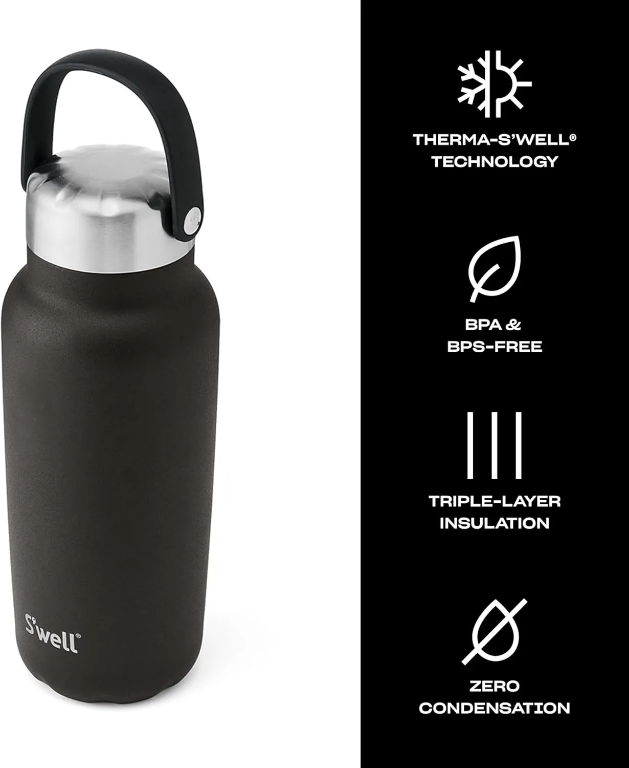 S'well Recycled Stainless Steel Explorer with Insulated Lid and Handle, 32oz, Onyx, Triple Layered Vacuum Insulated Containers Keeps Drinks Cold for 42 Hours and Hot for 10