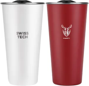 Swiss Tech 16oz Stainless Steel Cups, 2 Pack Double Wall Pint Cup Glasses, Insulated Tumbler with Lid, Durable Cups(Red&White)
