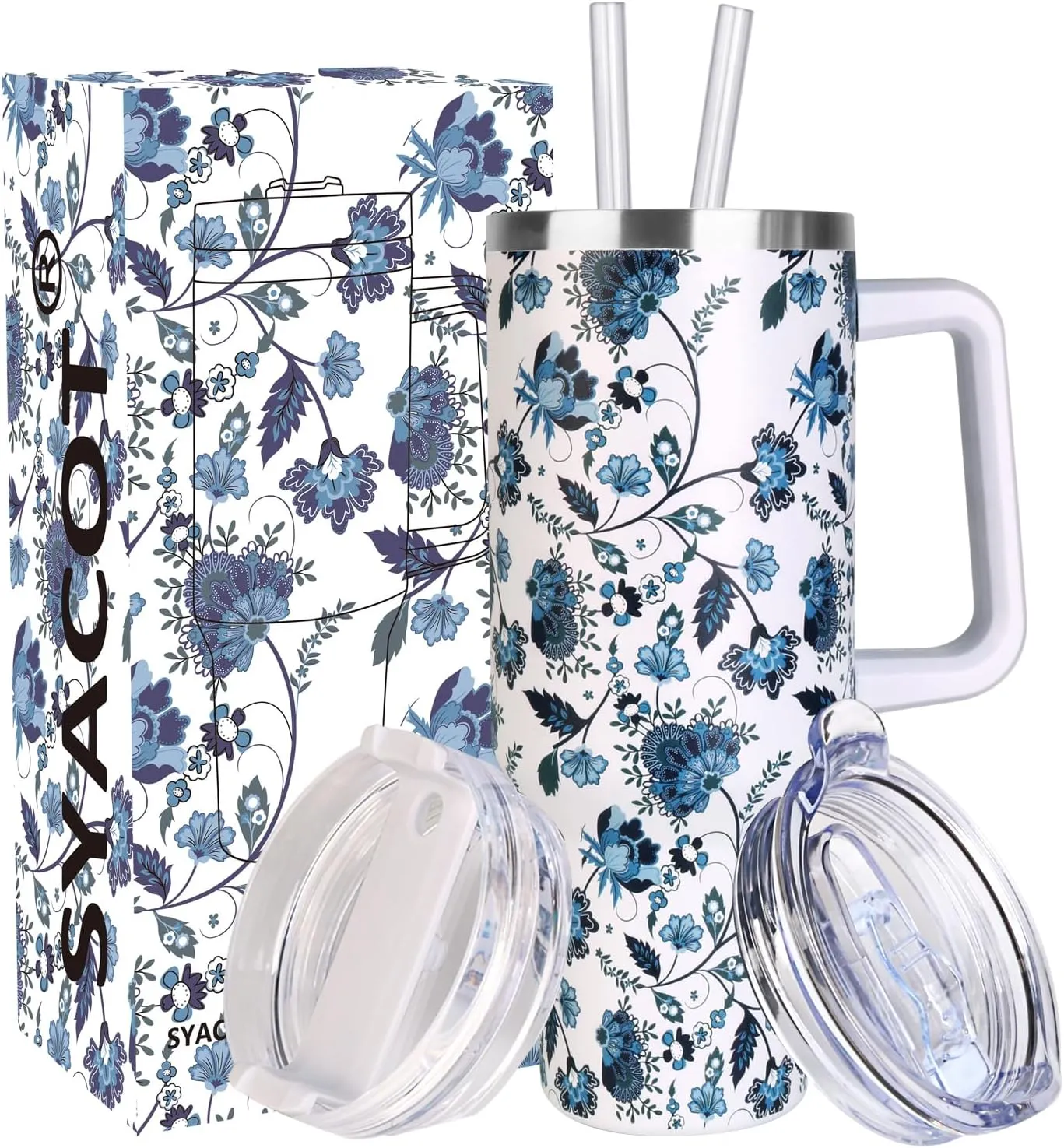 SYACOT 40 oz Tumbler with Handle and Straw Stainless Steel Insulated Tumbler Leak Proof Lid and Straw Lid Reusable Travel Mug Coffee Mug Cup Dishwasher Safe Keep Drinks Cold and Hot (Ceramics)