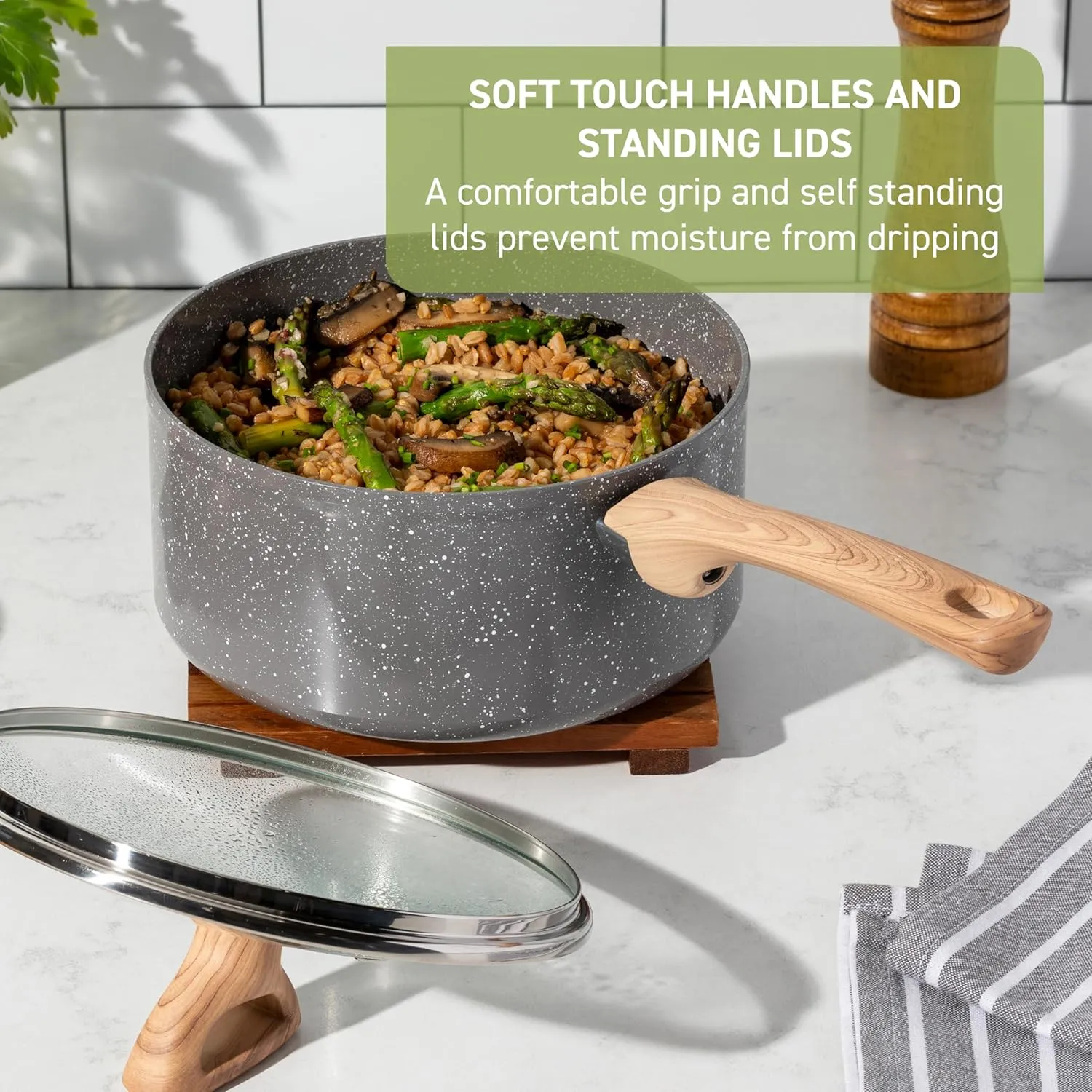 T-fal Revive Ceramic Cookware Sets, Pots and Pans Set Nonstick, (12 pieces), Ceramic Non stick Coated, Frying Pan, Oven Safe Up To 350°F, Made without PFOA and PTFE, Grey Granite