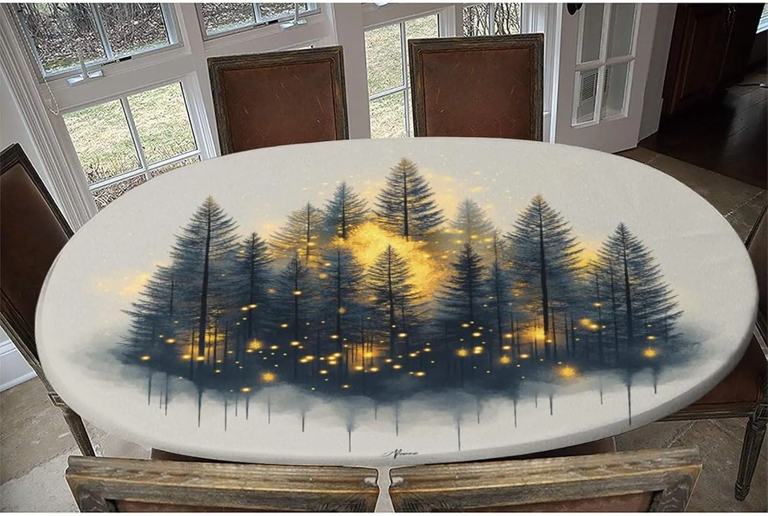 Table Pad Protector, Enchanted Forest Pattern Printed on Table Cover Protector, Stretchable Hem for Weddings Parties Restaurants & Home Decor, Fits for 52" x 70" Oval Tables