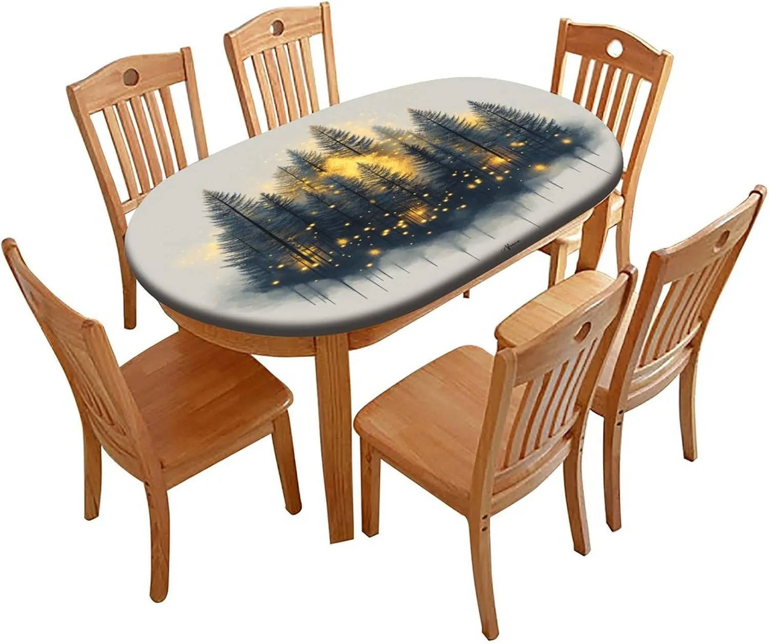 Table Pad Protector, Enchanted Forest Pattern Printed on Table Cover Protector, Stretchable Hem for Weddings Parties Restaurants & Home Decor, Fits for 52" x 70" Oval Tables