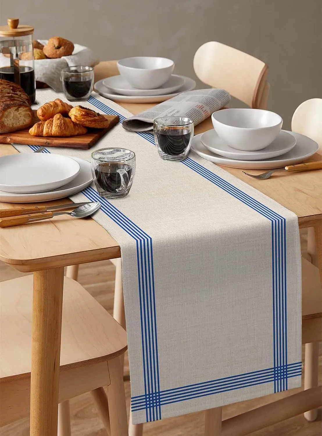 Table Runners-72 Inch Long,Classic Blue Striped Linen Dresser Scarves Dining Table Runner Retro Line on Linen Tabletop Scarf for Home Kitchen Holiday Party Decor